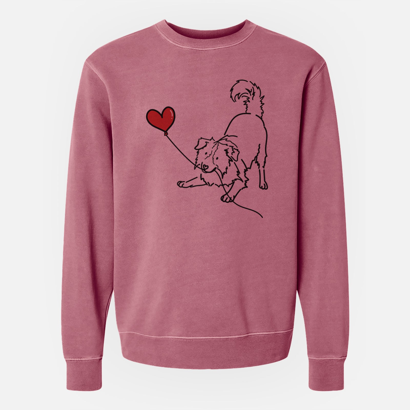 Minimalist line drawing of a Border Collie Heart String holding a heart balloon on a Maroon Unisex pigment dyed crew sweatshirt