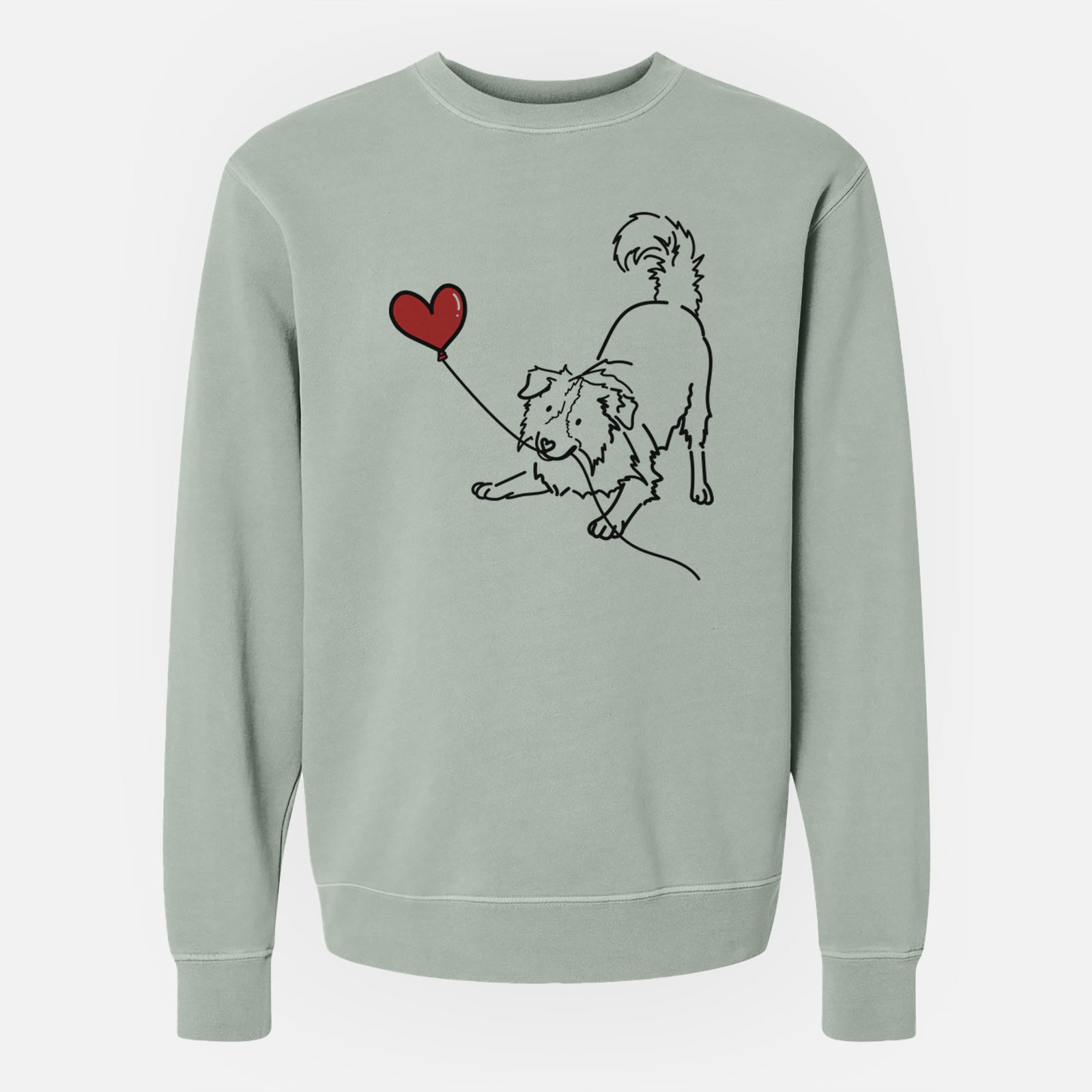 Minimalist line drawing of a Border Collie Heart String holding a heart balloon on a Sage Unisex pigment dyed crew sweatshirt