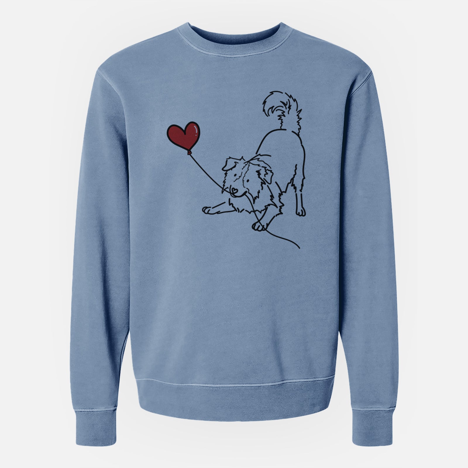Minimalist line drawing of a Border Collie Heart String holding a heart balloon on a Slate Blue Unisex pigment dyed crew sweatshirt