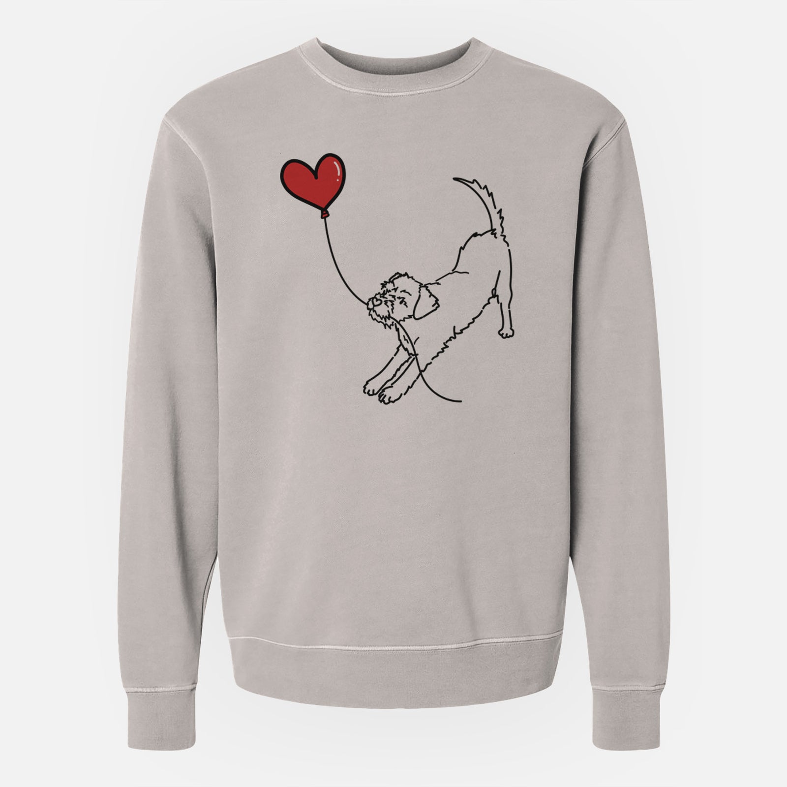 Minimalist line drawing of a Border Terrier Heart String holding a heart balloon on a Cement Unisex pigment dyed crew sweatshirt