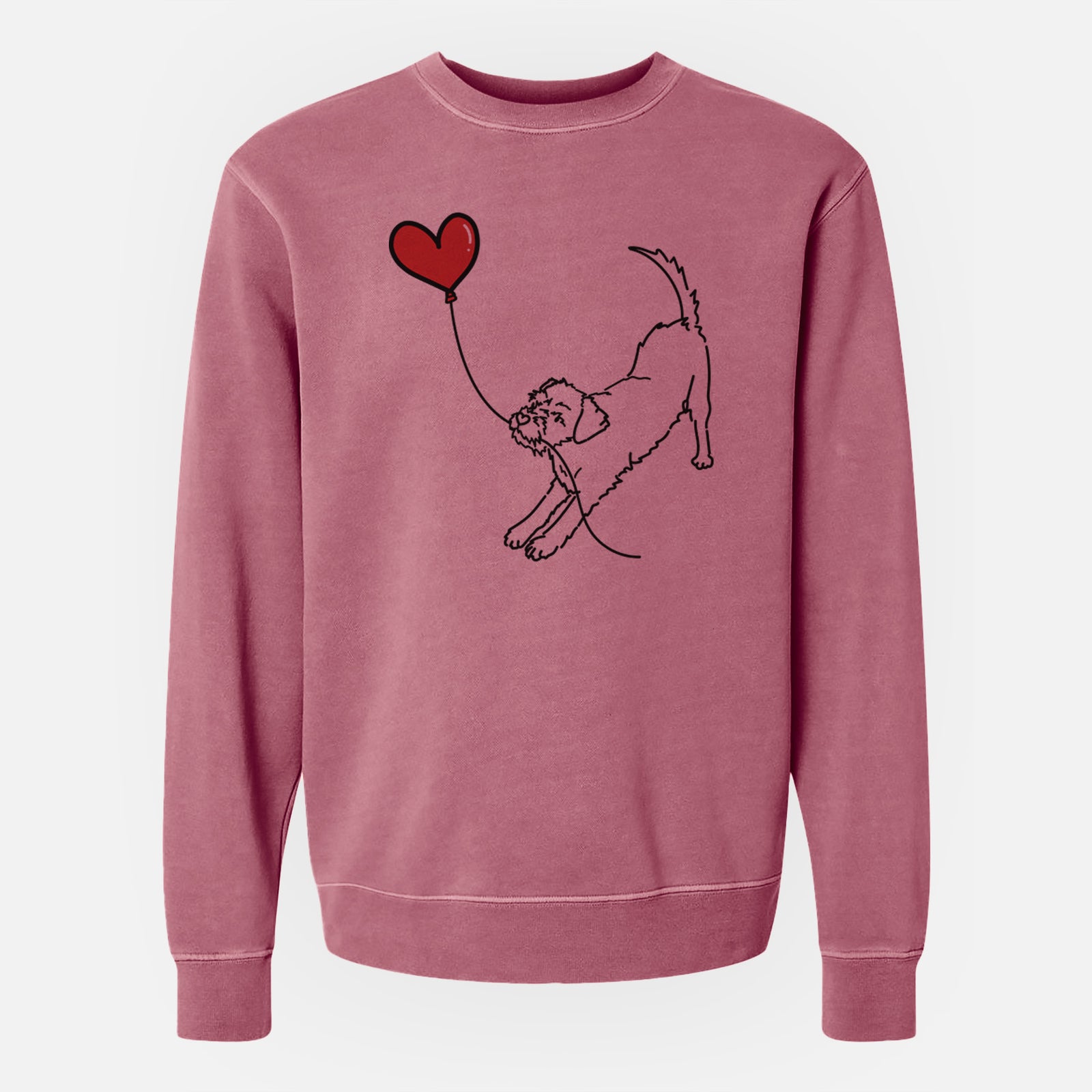Minimalist line drawing of a Border Terrier Heart String holding a heart balloon on a Maroon Unisex pigment dyed crew sweatshirt