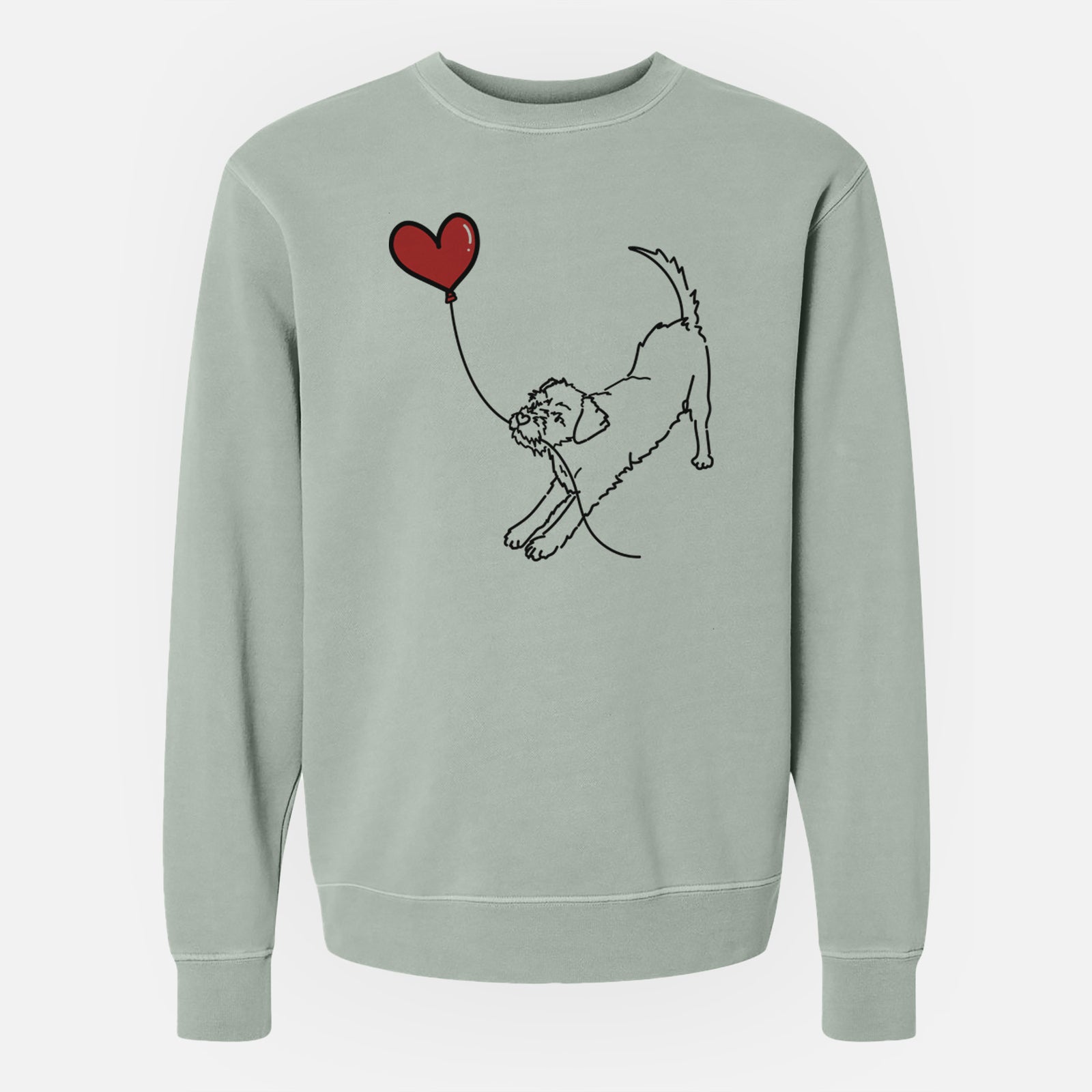 Minimalist line drawing of a Border Terrier Heart String holding a heart balloon on a Sage Unisex pigment dyed crew sweatshirt