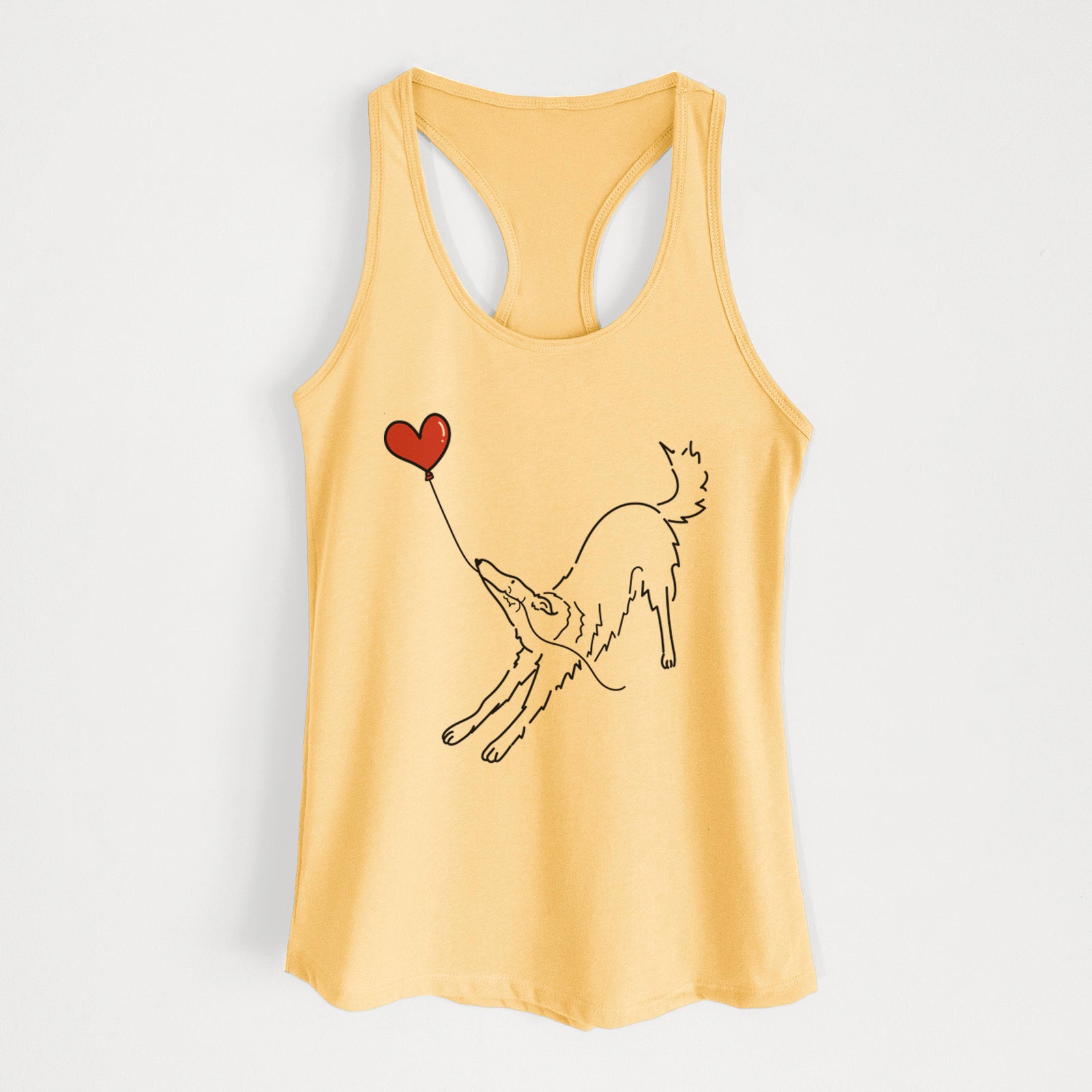 Minimalist line drawing of a Borzoi Heart String holding a heart balloon on a Banana Cream Women's racerback tanktop
