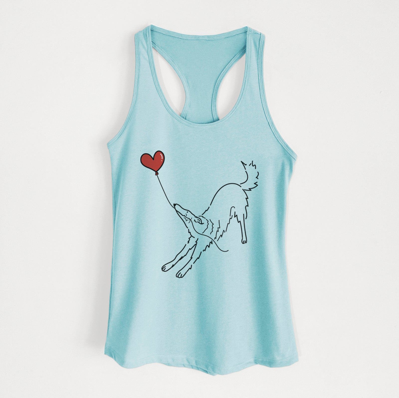 Minimalist line drawing of a Borzoi Heart String holding a heart balloon on a Cancun Blue Women's racerback tanktop
