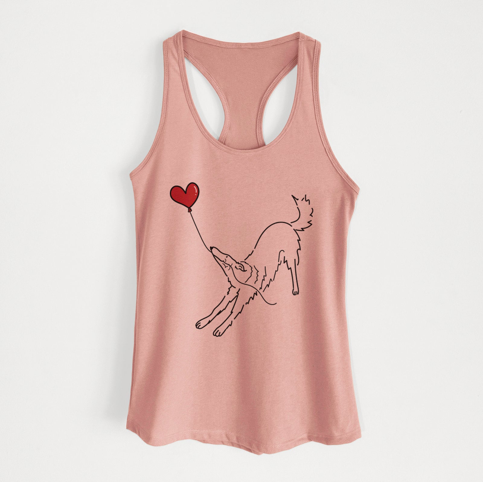 Minimalist line drawing of a Borzoi Heart String holding a heart balloon on a Desert Pink Women's racerback tanktop