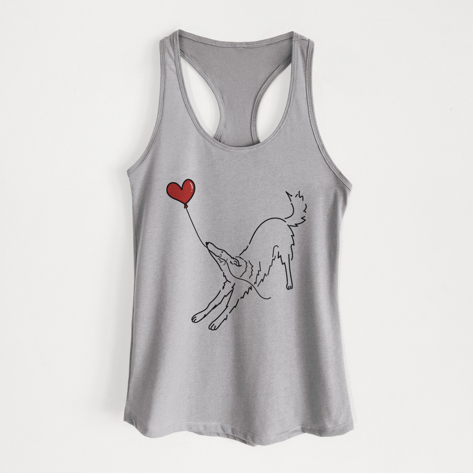 Minimalist line drawing of a Borzoi Heart String holding a heart balloon on a Heather Grey Women's racerback tanktop
