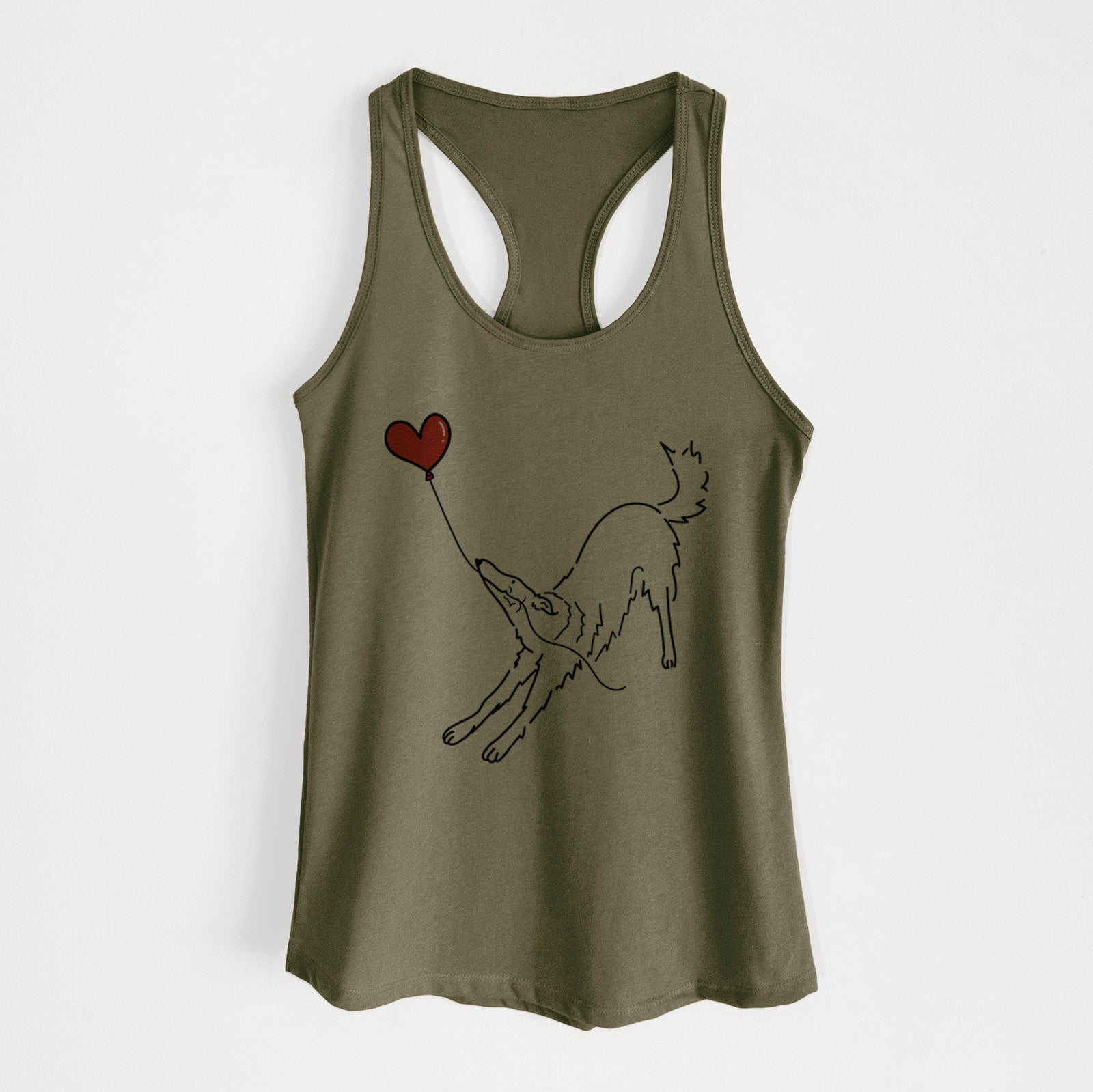 Minimalist line drawing of a Borzoi Heart String holding a heart balloon on a Military Green Women's racerback tanktop