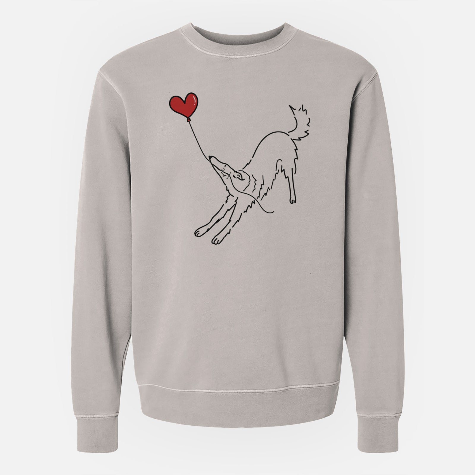 Minimalist line drawing of a Borzoi Heart String holding a heart balloon on a Cement Unisex pigment dyed crew sweatshirt