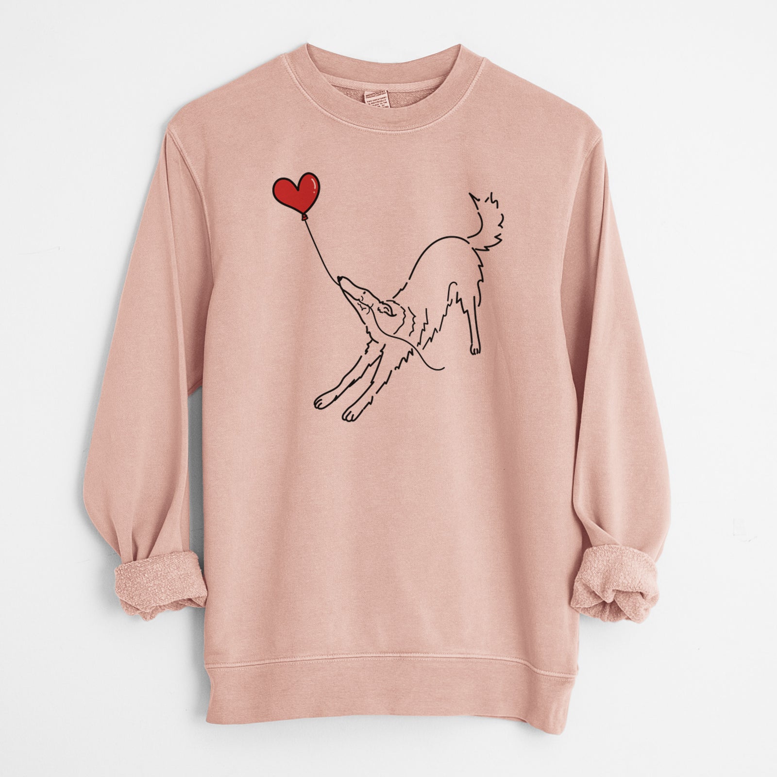 Minimalist line drawing of a Borzoi Heart String holding a heart balloon on a Dusty Pink Unisex pigment dyed crew sweatshirt