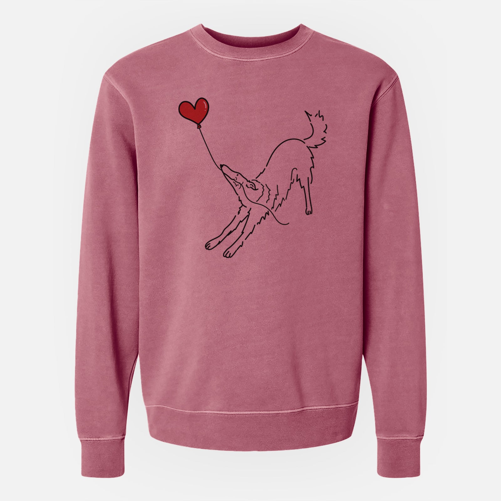 Minimalist line drawing of a Borzoi Heart String holding a heart balloon on a Maroon Unisex pigment dyed crew sweatshirt