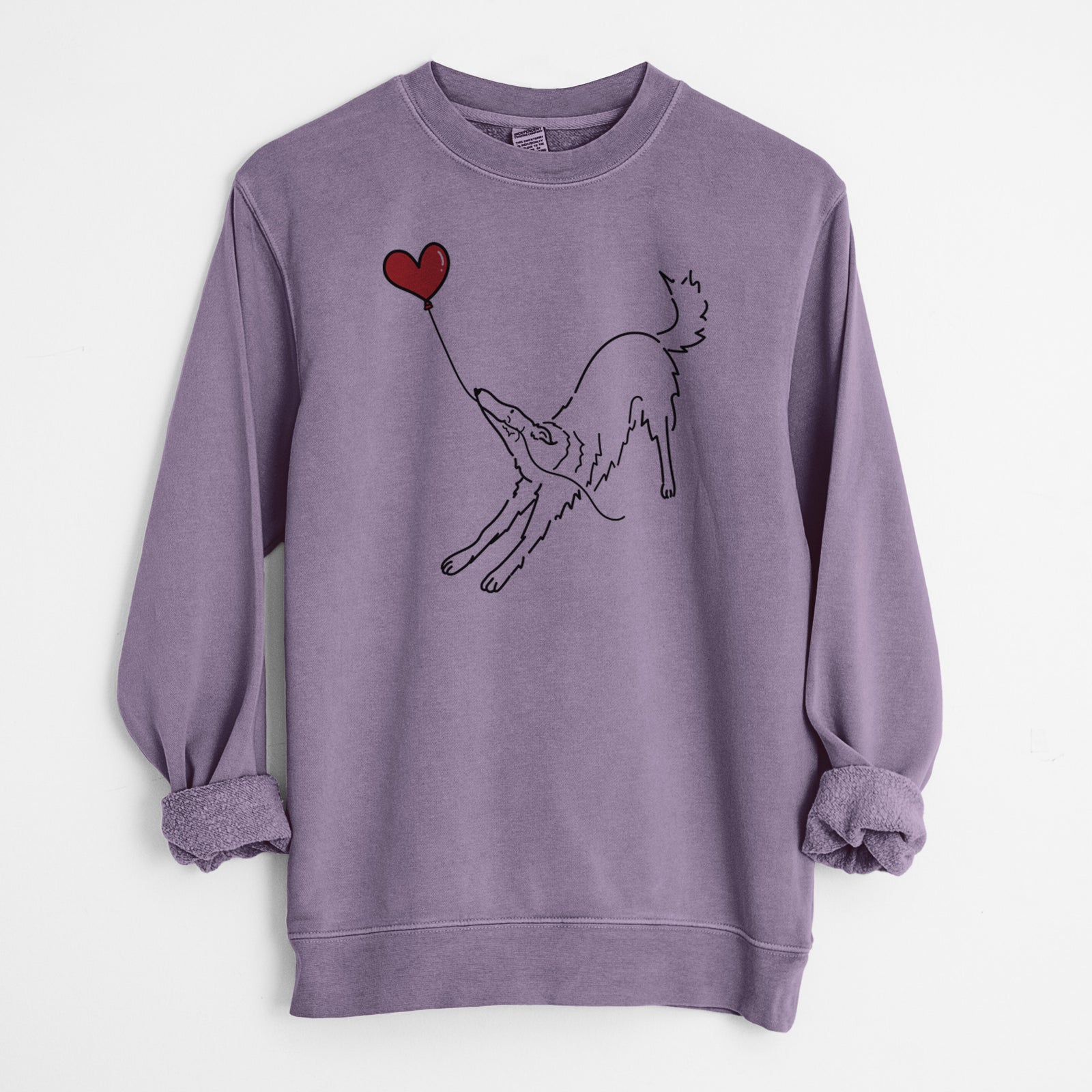 Minimalist line drawing of a Borzoi Heart String holding a heart balloon on a Plum Unisex pigment dyed crew sweatshirt