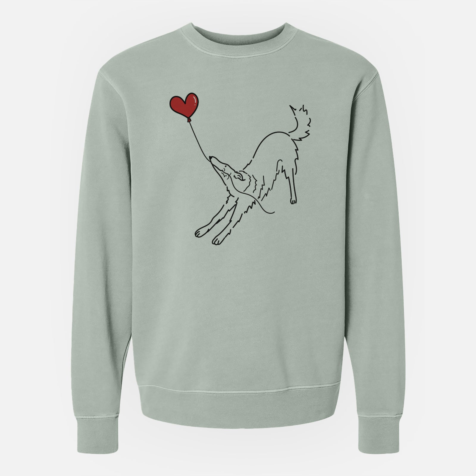 Minimalist line drawing of a Borzoi Heart String holding a heart balloon on a Sage Unisex pigment dyed crew sweatshirt