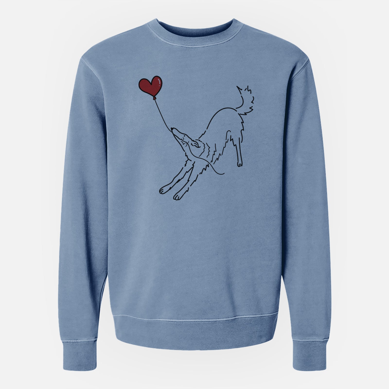 Minimalist line drawing of a Borzoi Heart String holding a heart balloon on a Slate Blue Unisex pigment dyed crew sweatshirt