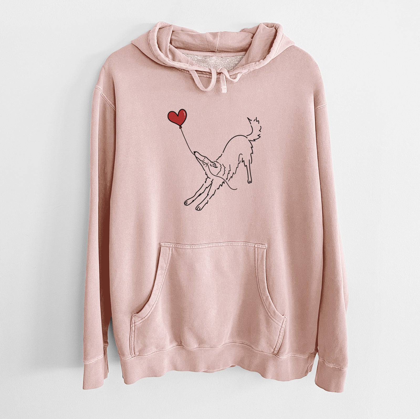 Minimalist line drawing of a Borzoi Heart String holding a heart balloon on a Dusty Pink Unisex pigment dyed hoodie