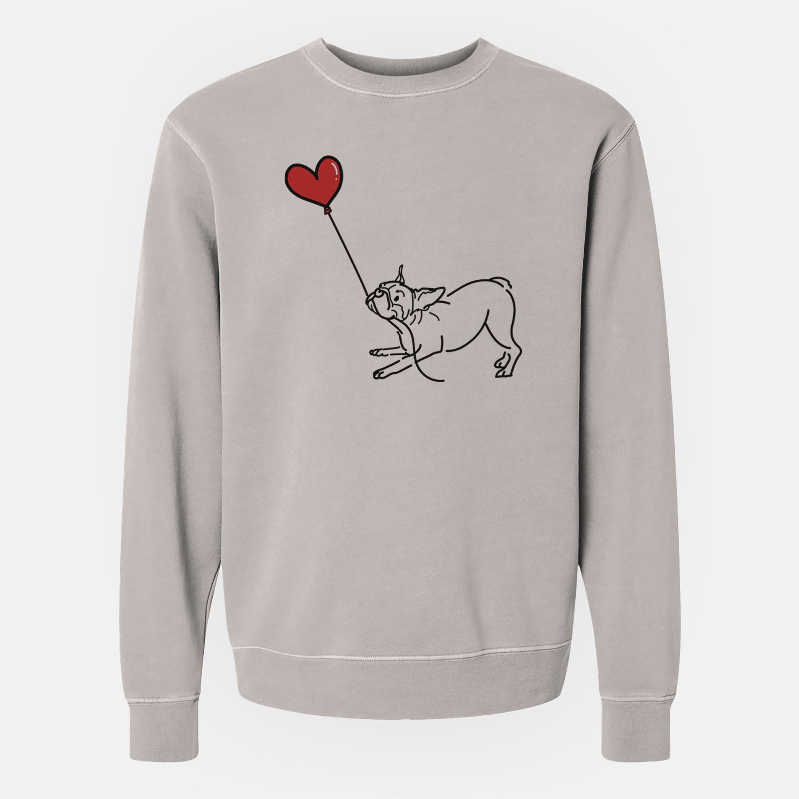 Minimalist line drawing of a Boston Terrier Heart String holding a heart balloon on a Cement Unisex pigment dyed crew sweatshirt