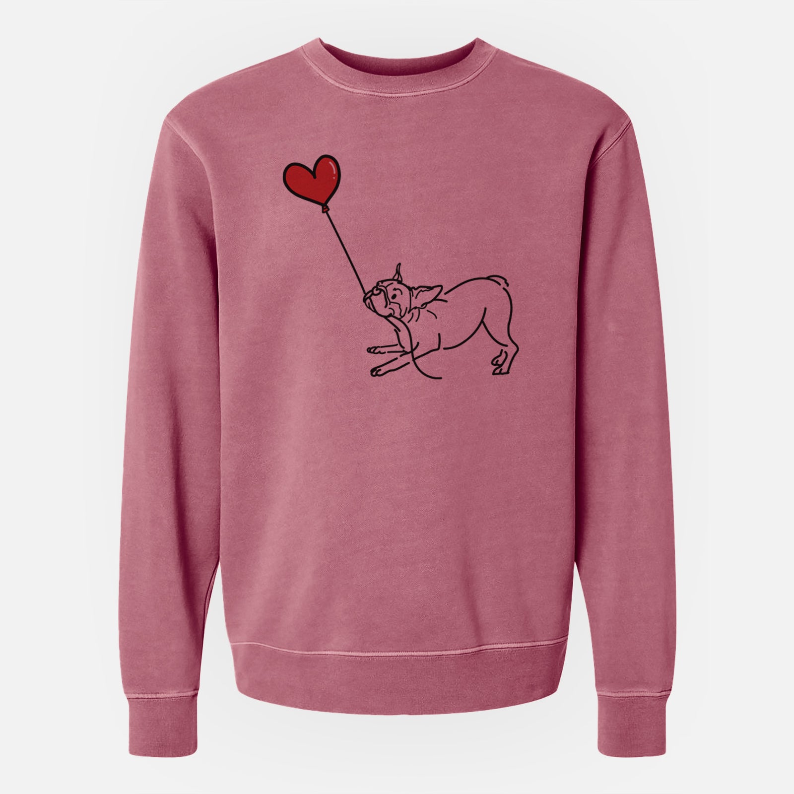 Minimalist line drawing of a Boston Terrier Heart String holding a heart balloon on a Maroon Unisex pigment dyed crew sweatshirt