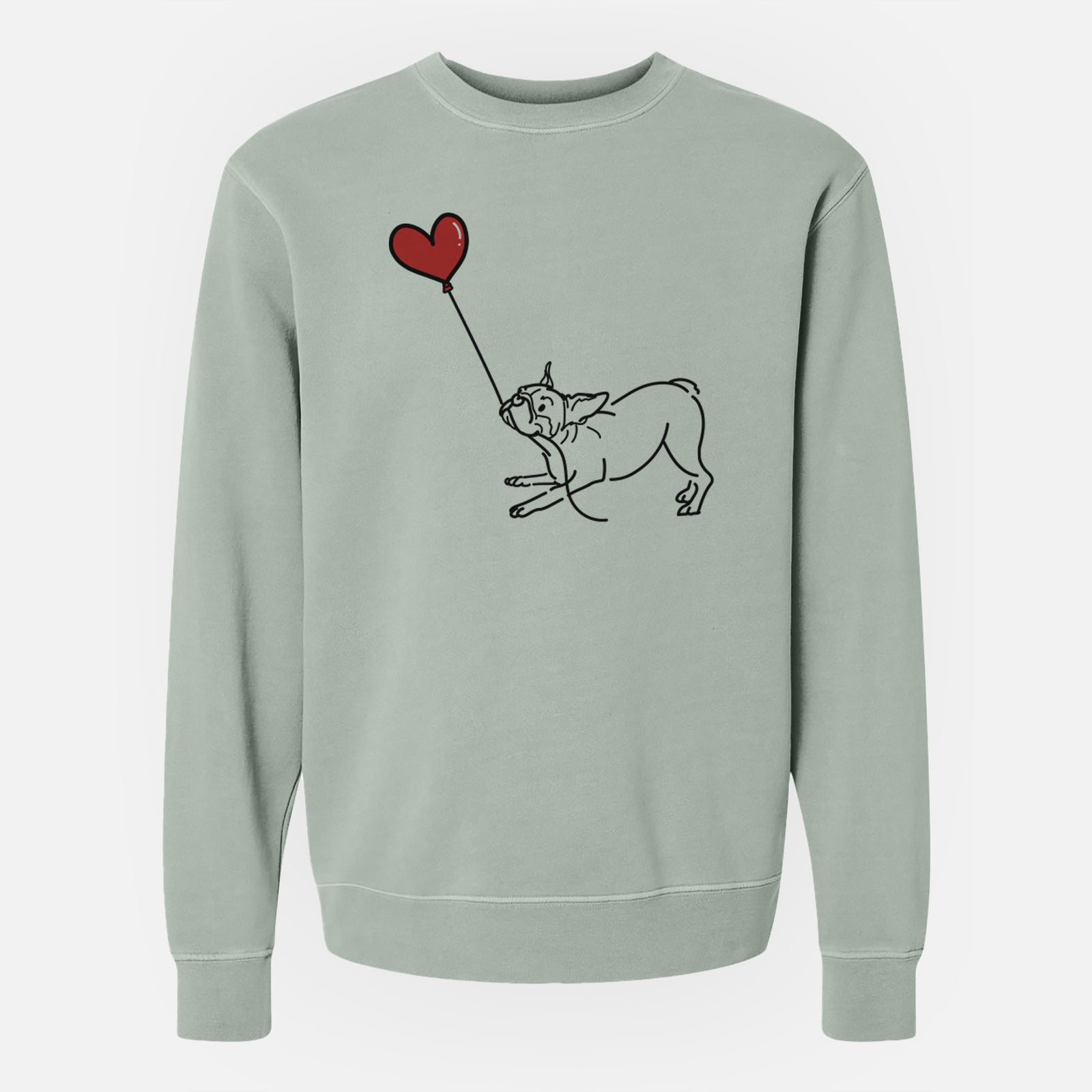 Minimalist line drawing of a Boston Terrier Heart String holding a heart balloon on a Sage Unisex pigment dyed crew sweatshirt