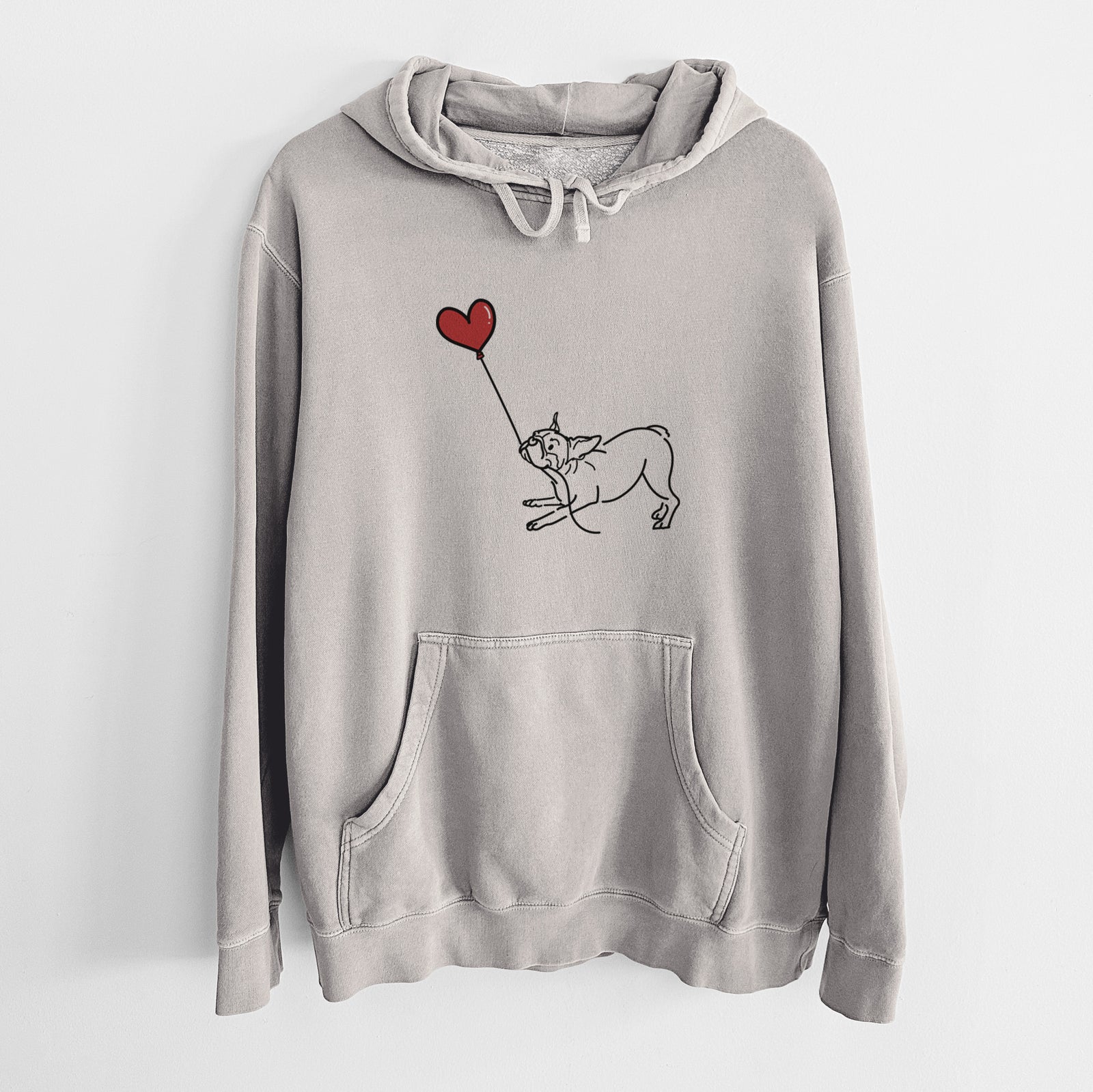 Minimalist line drawing of a Boston Terrier Heart String holding a heart balloon on a Cement Unisex pigment dyed hoodie