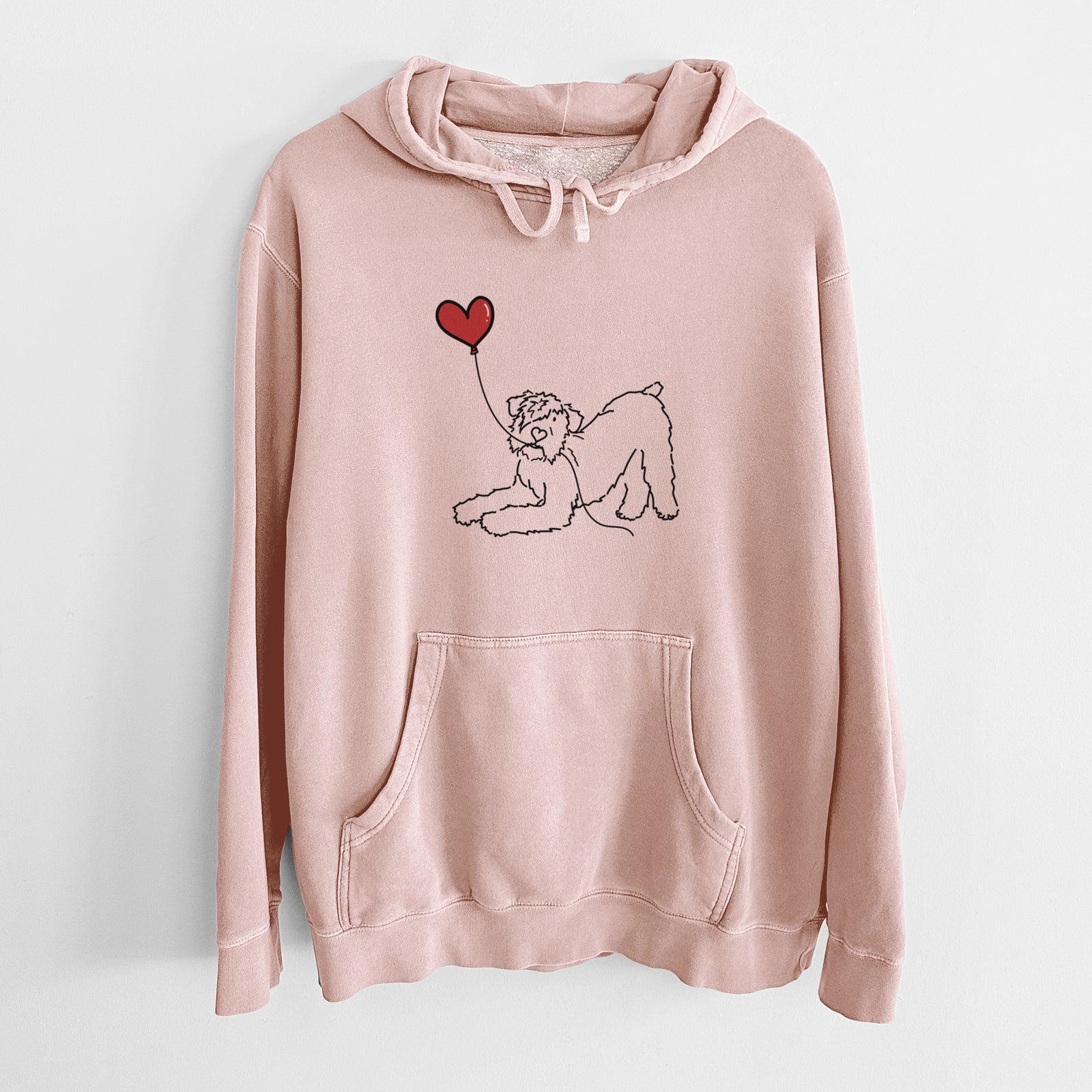 Minimalist line drawing of a Bouvier des Flandres Heart String holding a heart balloon on a Dusty Pink Unisex pigment dyed hoodie