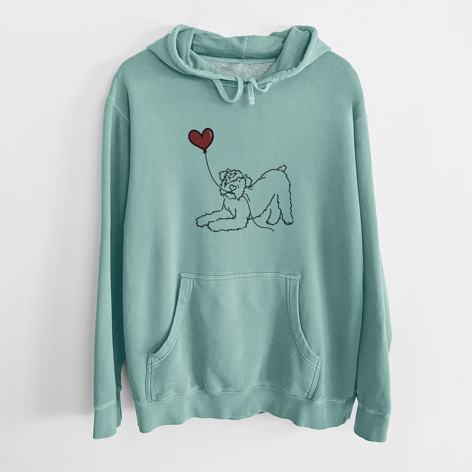 Minimalist line drawing of a Bouvier des Flandres Heart String holding a heart balloon on a Mint Unisex pigment dyed hoodie