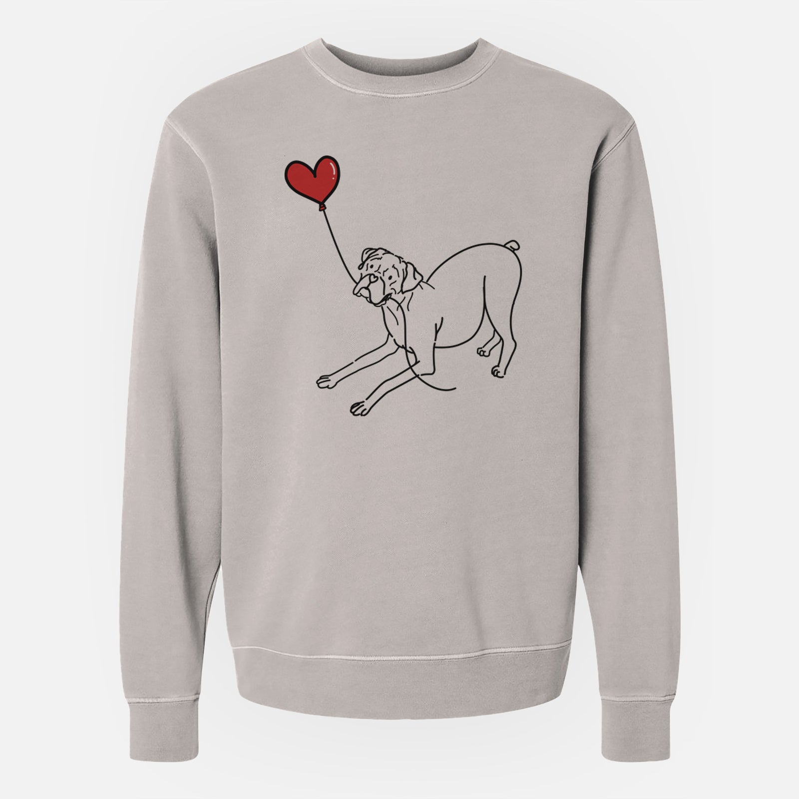 Minimalist line drawing of a Boxer Heart String holding a heart balloon on a Cement Unisex pigment dyed crew sweatshirt