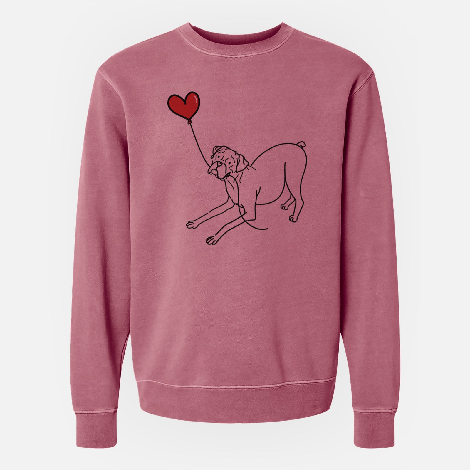 Minimalist line drawing of a Boxer Heart String holding a heart balloon on a Maroon Unisex pigment dyed crew sweatshirt