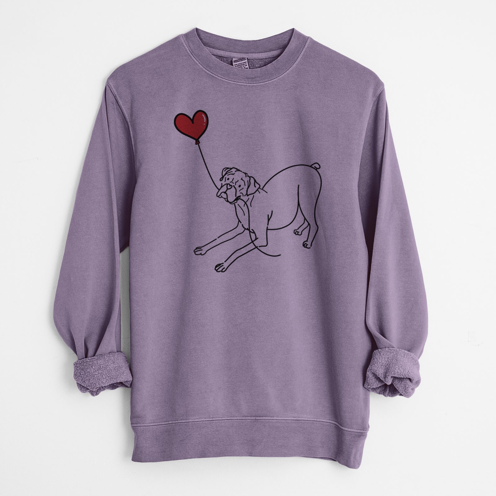 Minimalist line drawing of a Boxer Heart String holding a heart balloon on a Plum Unisex pigment dyed crew sweatshirt
