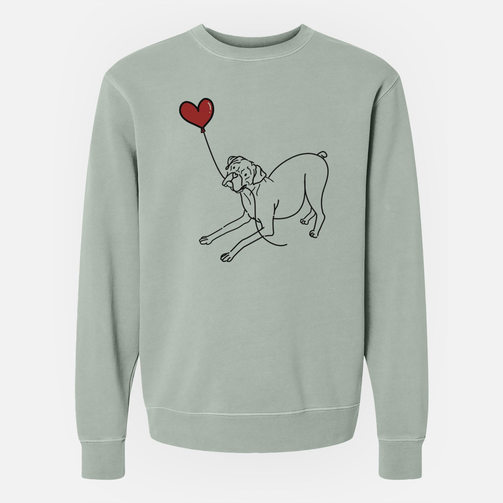 Minimalist line drawing of a Boxer Heart String holding a heart balloon on a Sage Unisex pigment dyed crew sweatshirt