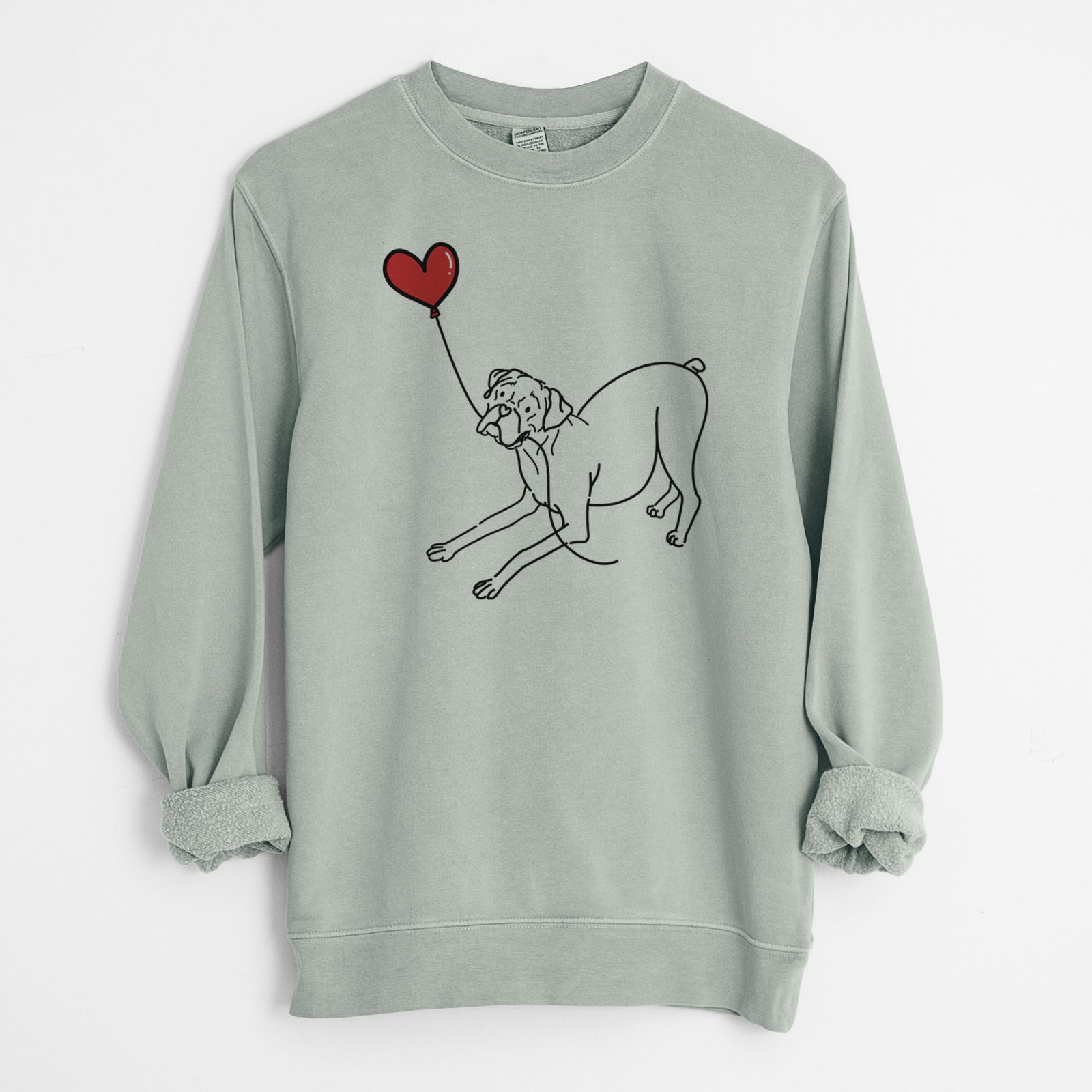 Minimalist line drawing of a Boxer Heart String holding a heart balloon on a Sage Unisex pigment dyed crew sweatshirt