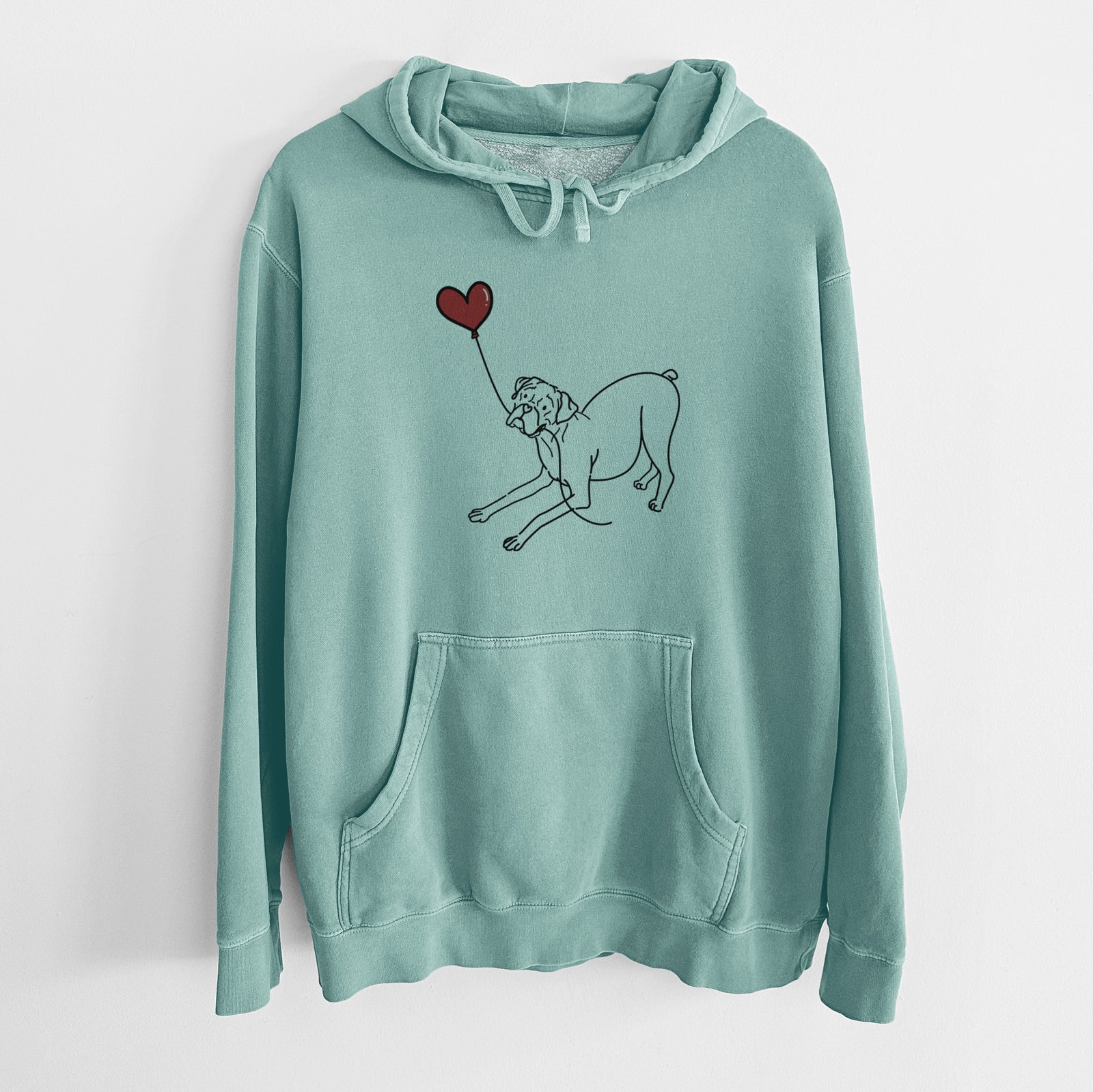 Minimalist line drawing of a Boxer Heart String holding a heart balloon on a Mint Unisex pigment dyed hoodie