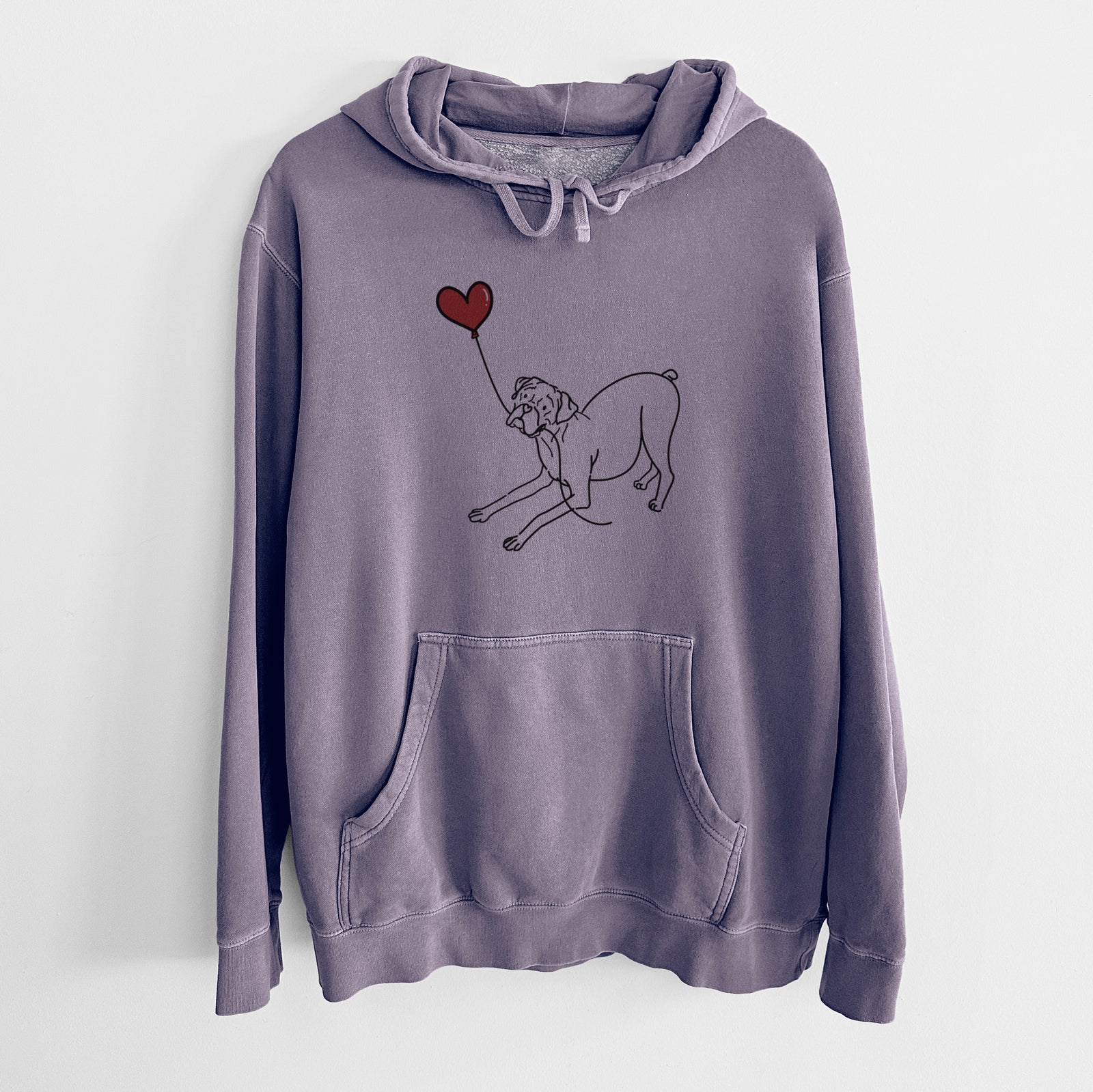 Minimalist line drawing of a Boxer Heart String holding a heart balloon on a Plum Unisex pigment dyed hoodie