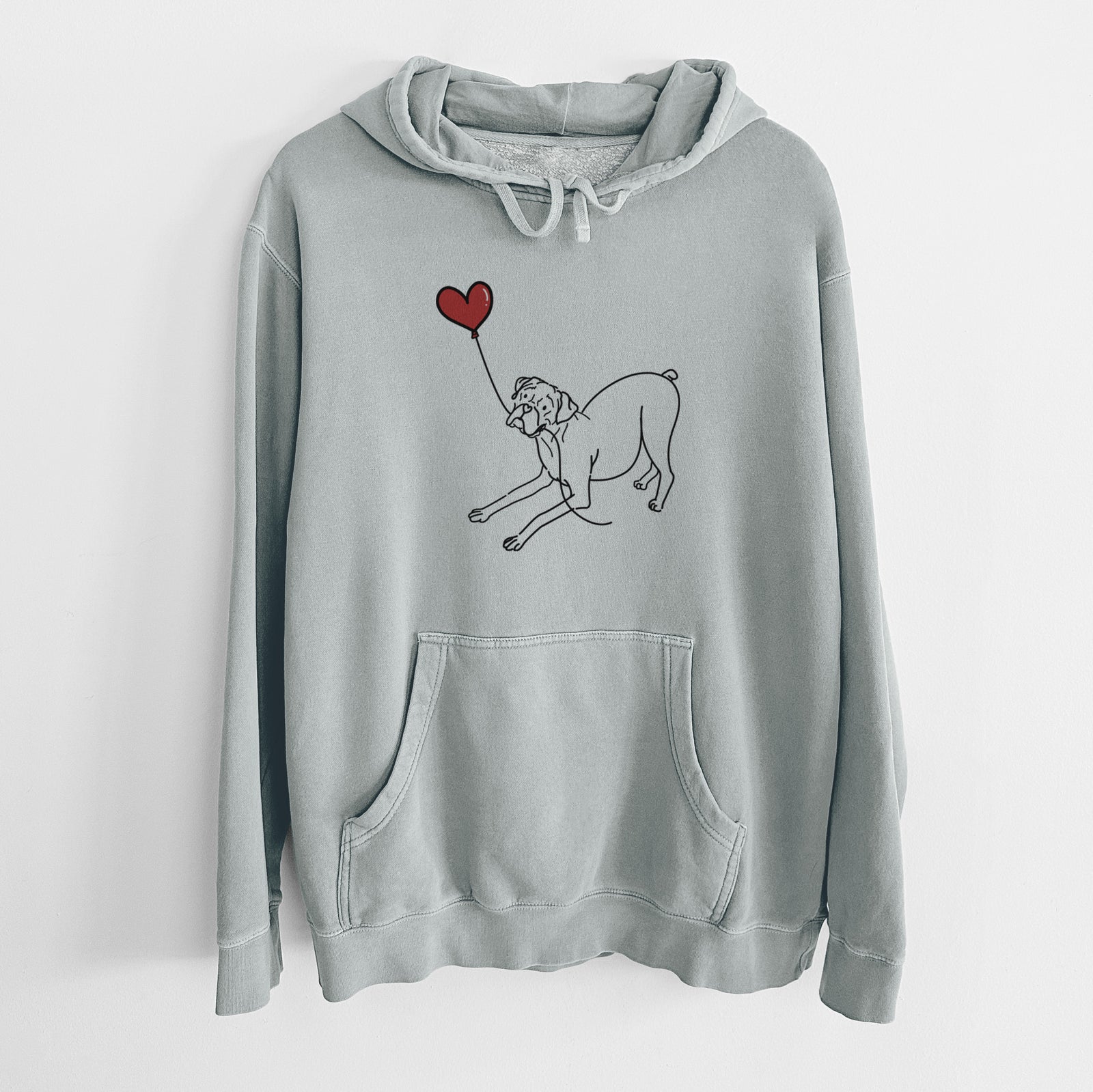 Minimalist line drawing of a Boxer Heart String holding a heart balloon on a Sage Unisex pigment dyed hoodie