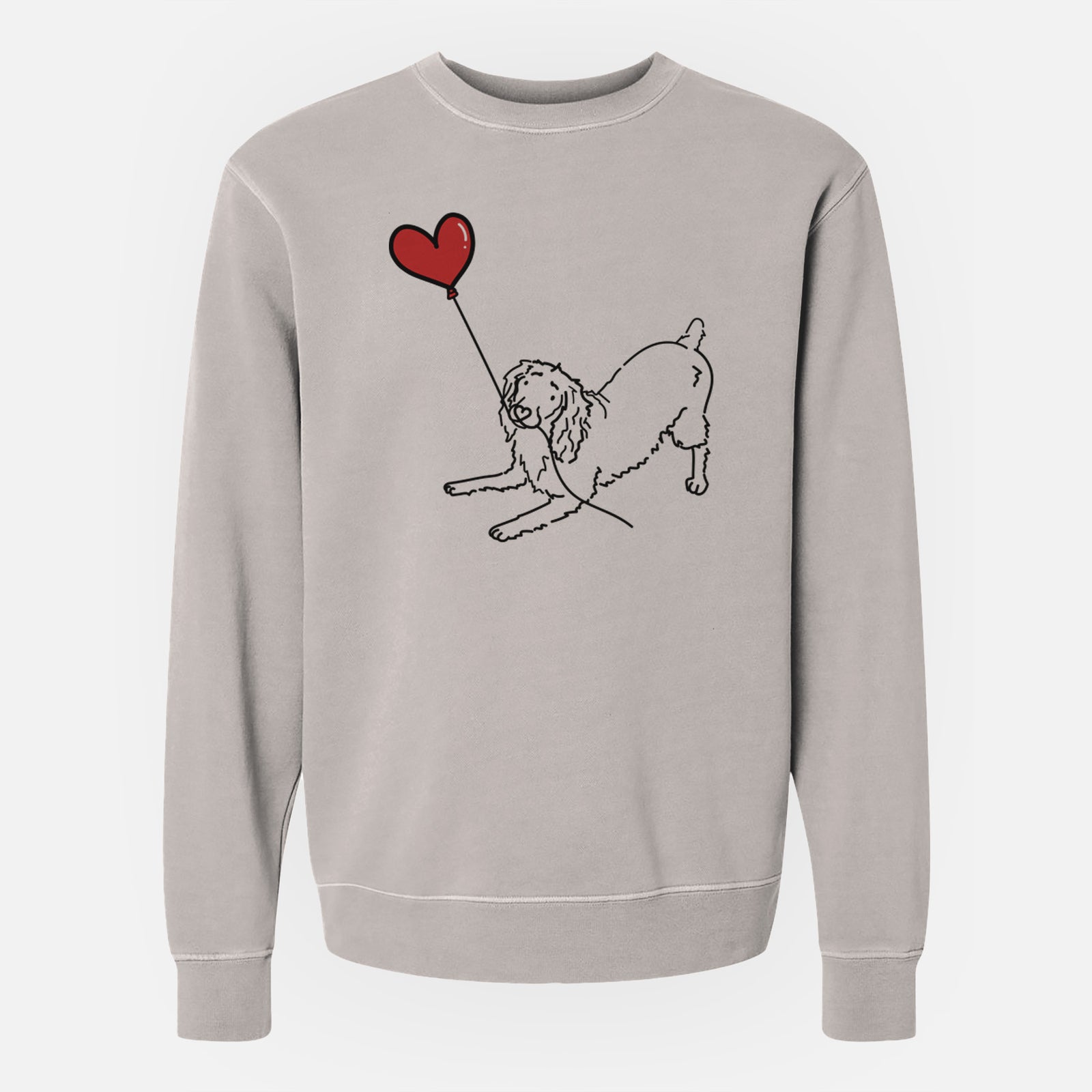 Minimalist line drawing of a Boykin Spaniel Heart String holding a heart balloon on a Cement Unisex pigment dyed crew sweatshirt