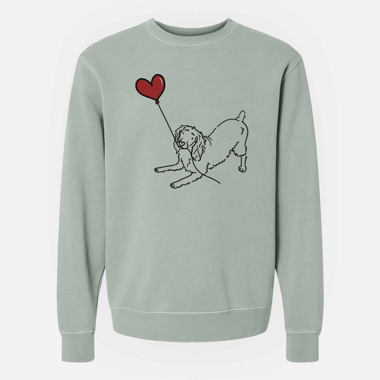 Minimalist line drawing of a Boykin Spaniel Heart String holding a heart balloon on a Sage Unisex pigment dyed crew sweatshirt