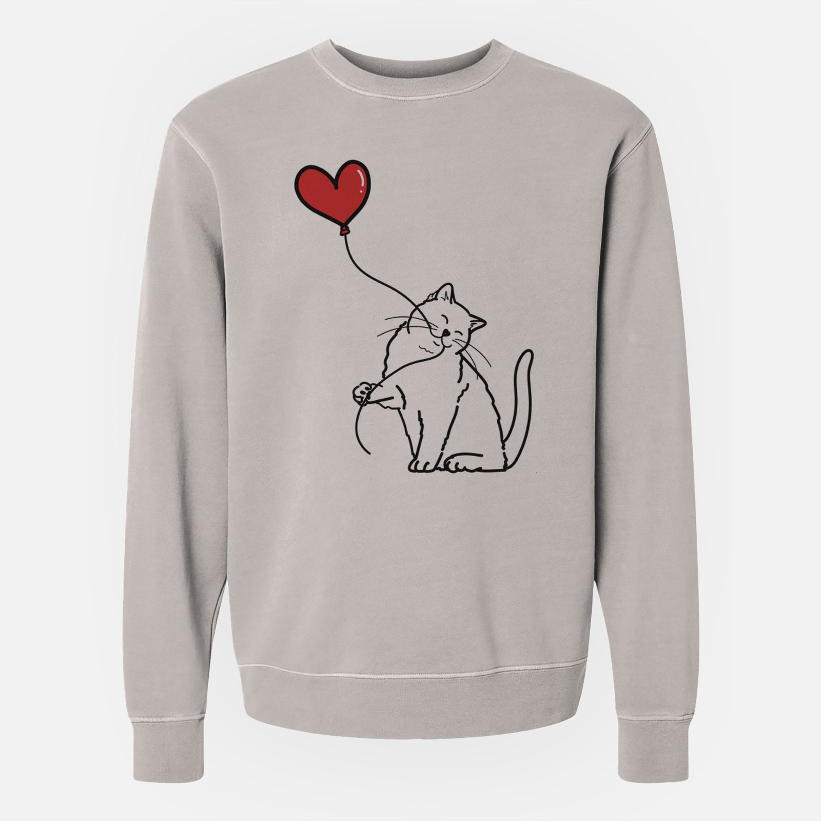 Minimalist line drawing of a British Shorthair Cat Heart String holding a heart balloon on a Cement Unisex pigment dyed crew sweatshirt
