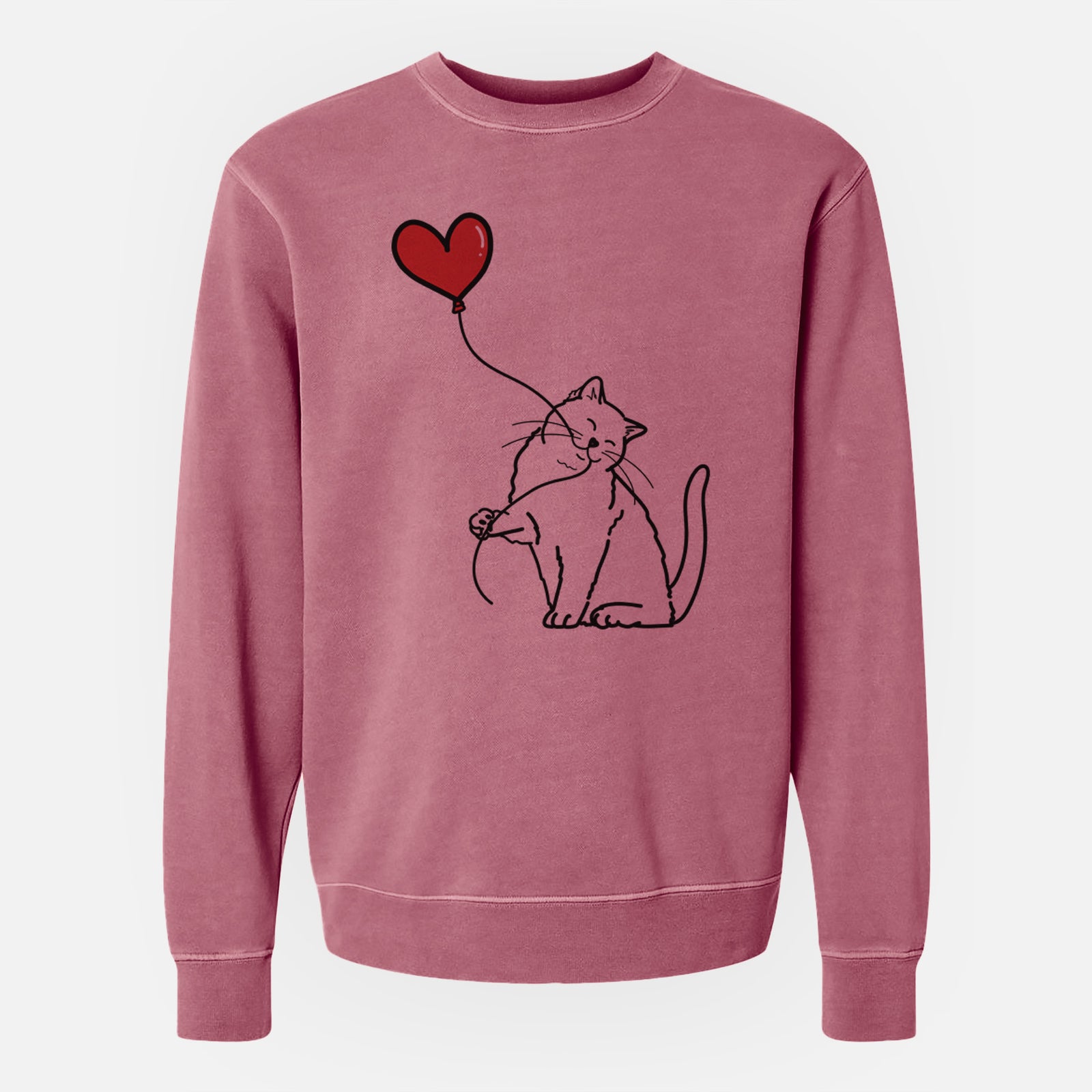 Minimalist line drawing of a British Shorthair Cat Heart String holding a heart balloon on a Maroon Unisex pigment dyed crew sweatshirt