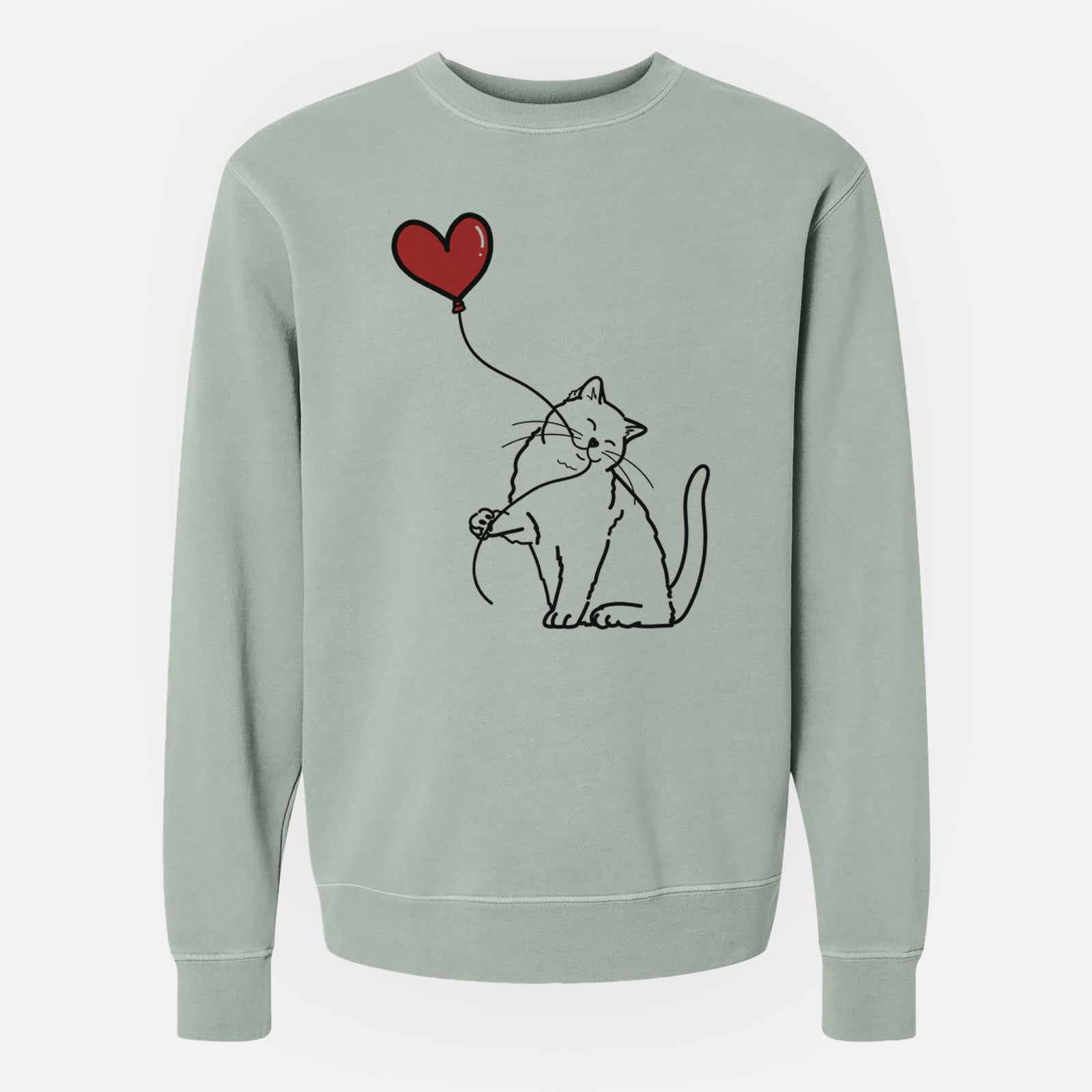 Minimalist line drawing of a British Shorthair Cat Heart String holding a heart balloon on a Sage Unisex pigment dyed crew sweatshirt