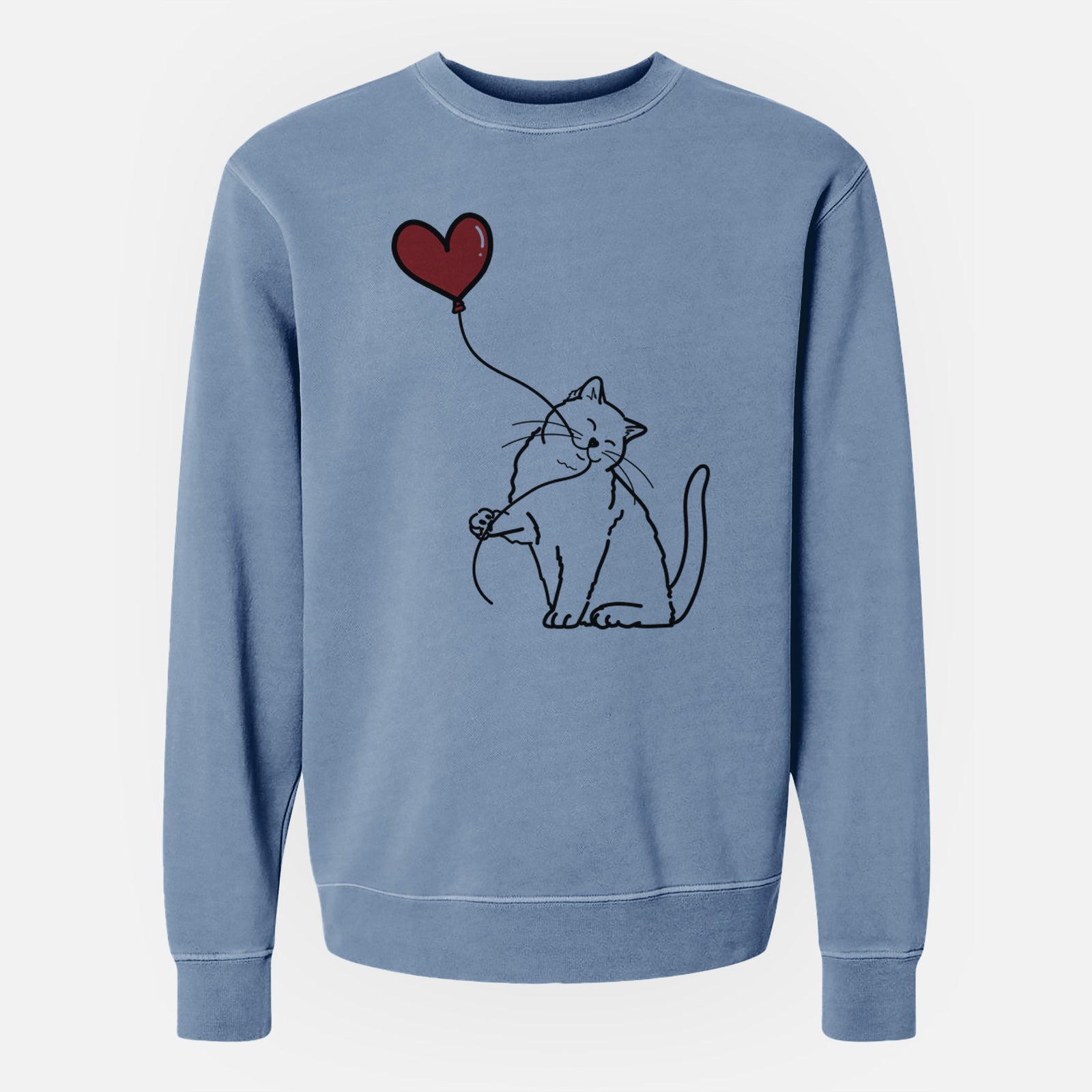 Minimalist line drawing of a British Shorthair Cat Heart String holding a heart balloon on a Slate Blue Unisex pigment dyed crew sweatshirt