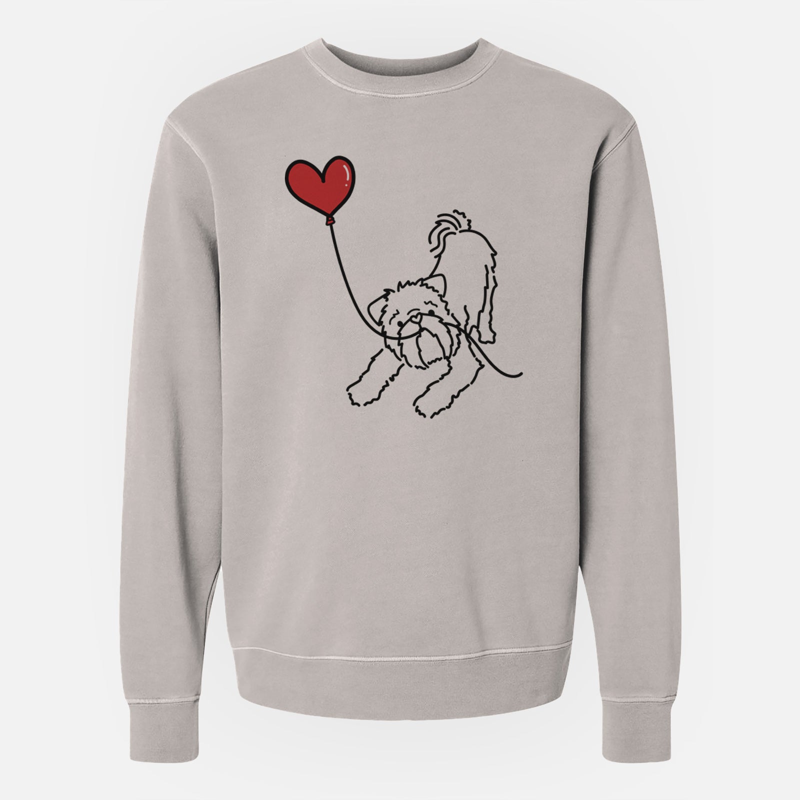 Minimalist line drawing of a Brussels Griffon Heart String holding a heart balloon on a Cement Unisex pigment dyed crew sweatshirt