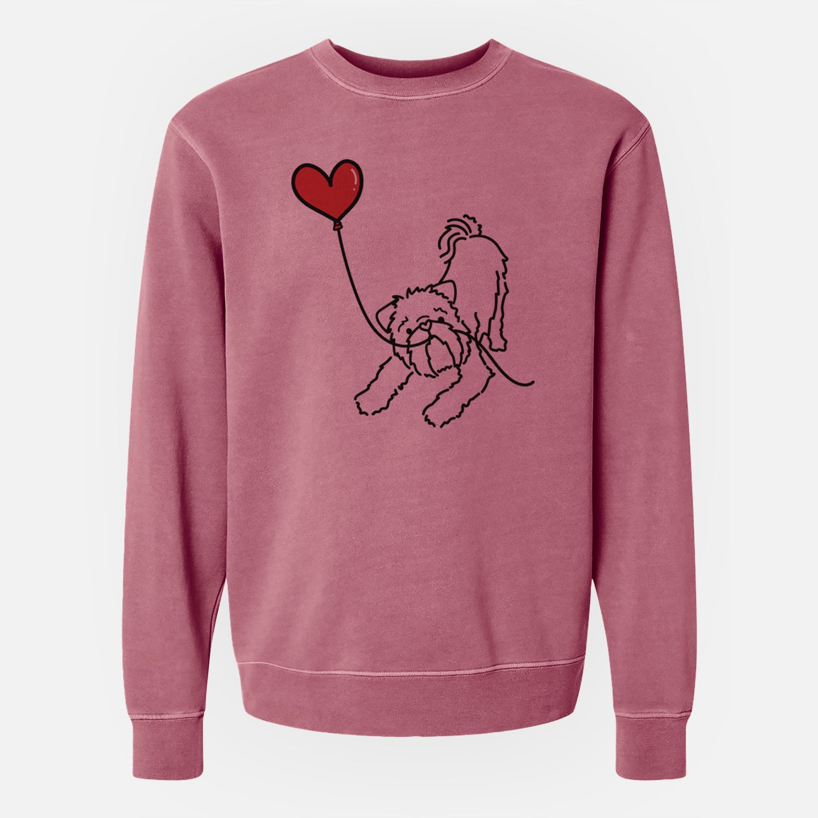 Minimalist line drawing of a Brussels Griffon Heart String holding a heart balloon on a Maroon Unisex pigment dyed crew sweatshirt