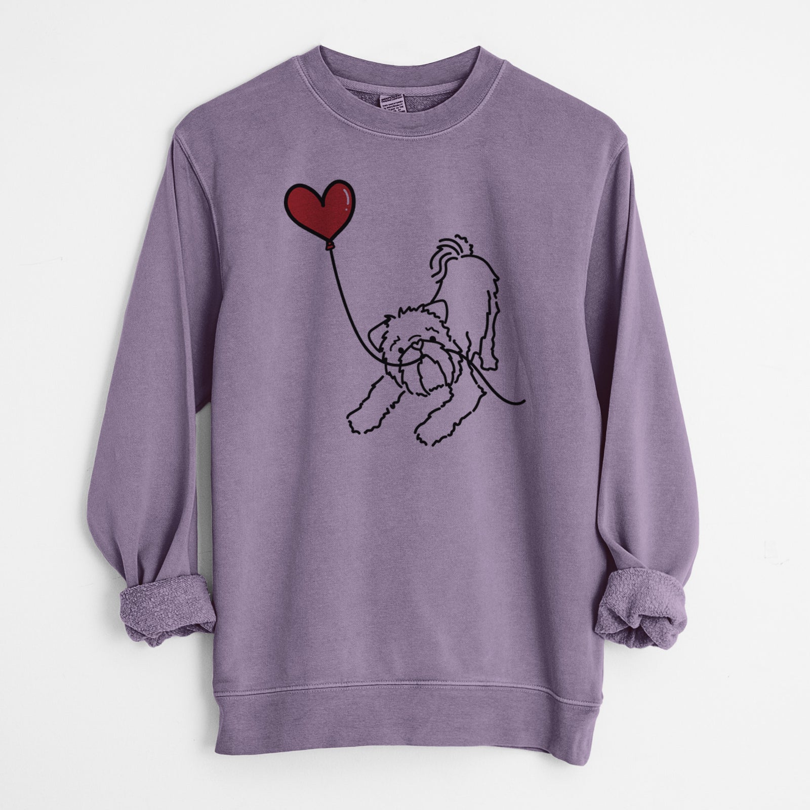 Minimalist line drawing of a Brussels Griffon Heart String holding a heart balloon on a Plum Unisex pigment dyed crew sweatshirt