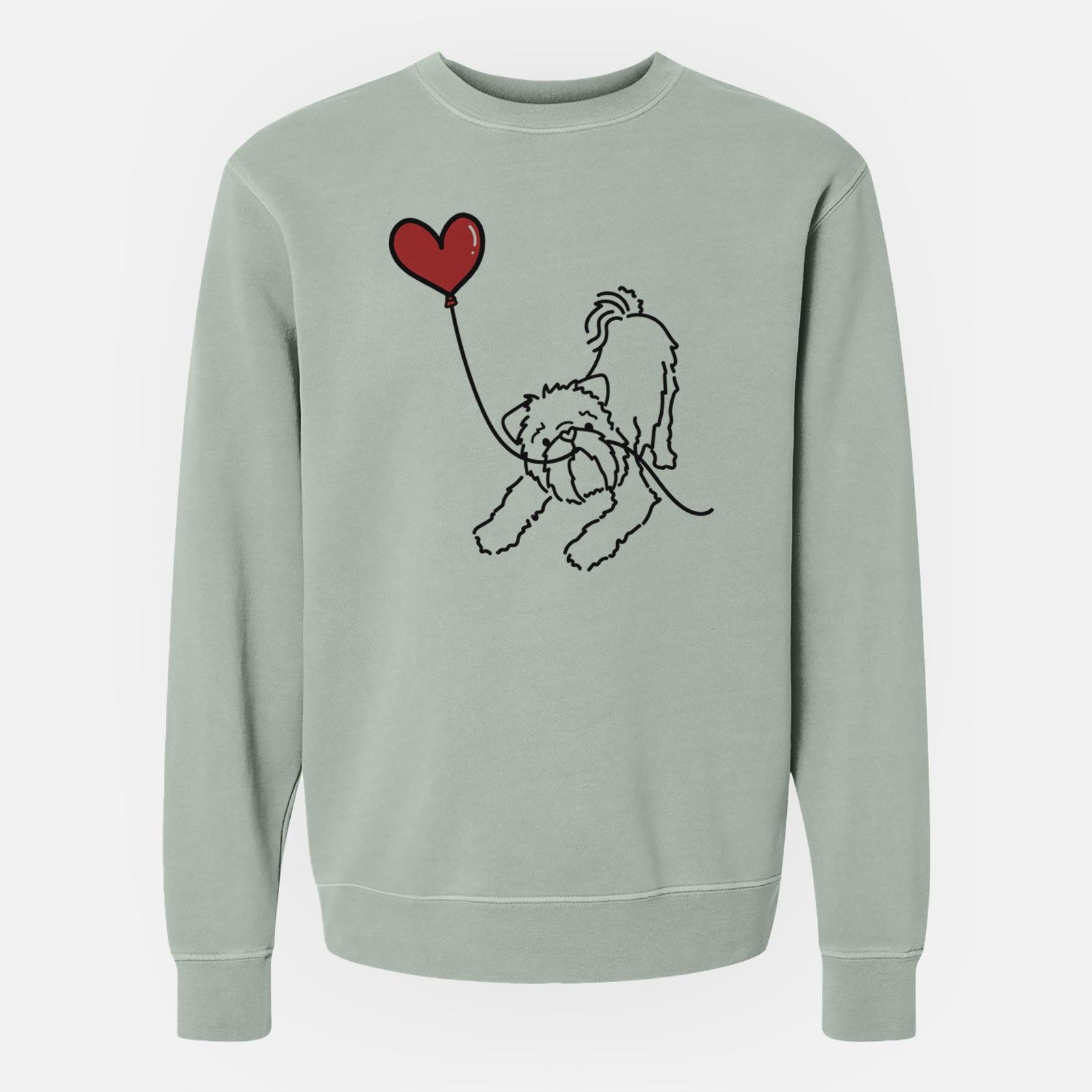 Minimalist line drawing of a Brussels Griffon Heart String holding a heart balloon on a Sage Unisex pigment dyed crew sweatshirt