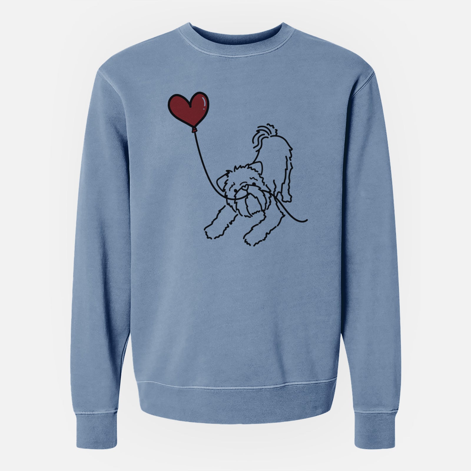 Minimalist line drawing of a Brussels Griffon Heart String holding a heart balloon on a Slate Blue Unisex pigment dyed crew sweatshirt