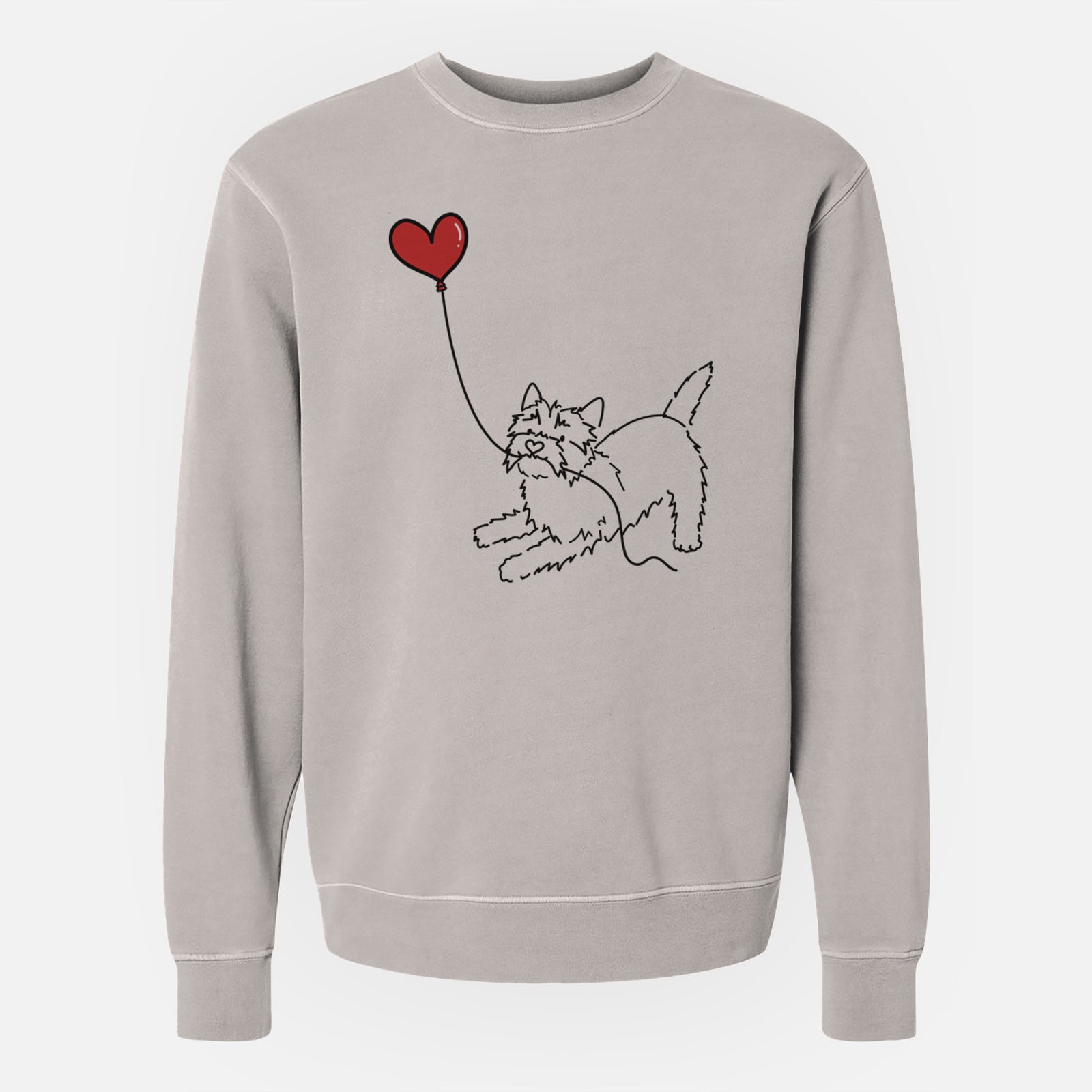 Minimalist line drawing of a Cairn Terrier Heart String holding a heart balloon on a Cement Unisex pigment dyed crew sweatshirt