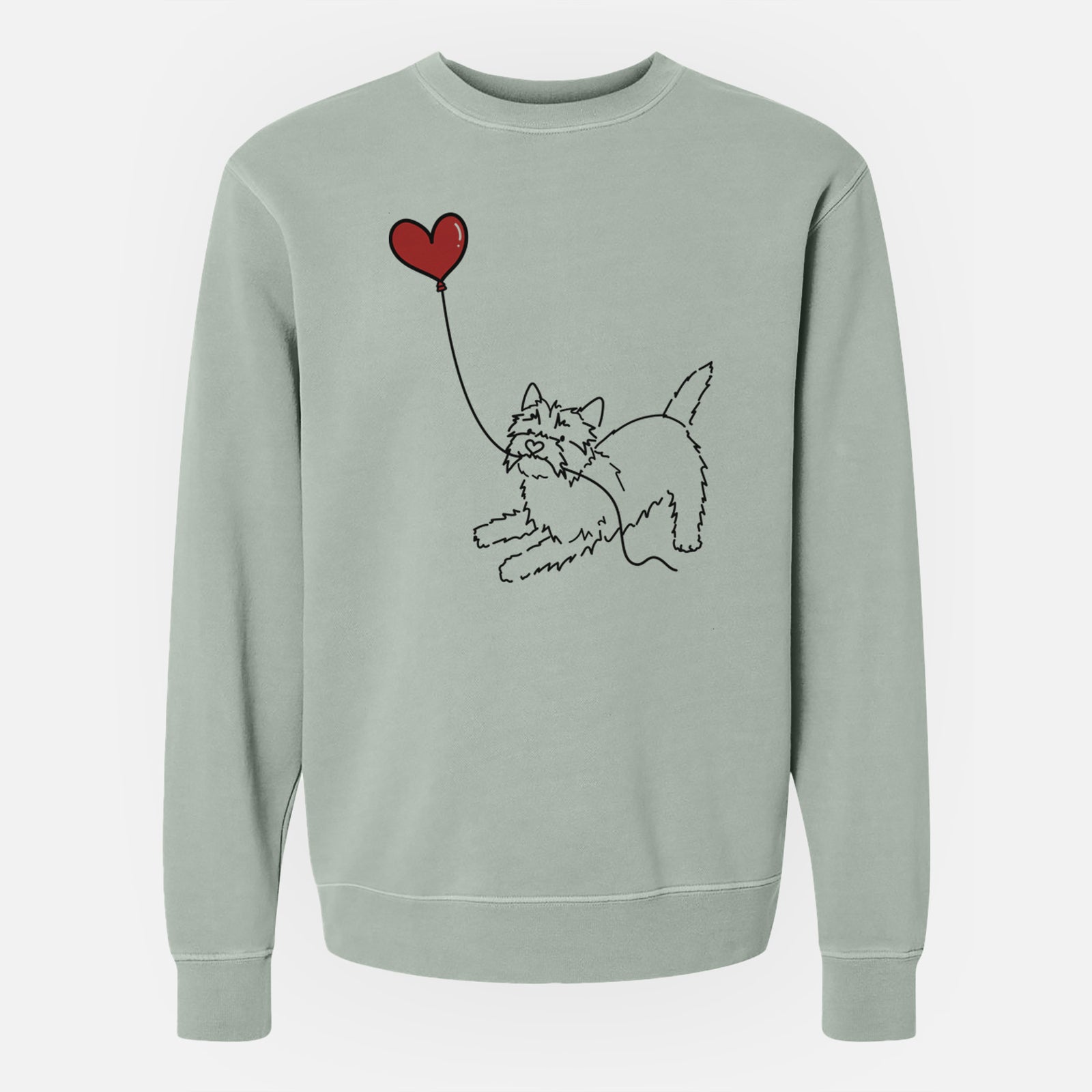 Minimalist line drawing of a Cairn Terrier Heart String holding a heart balloon on a Sage Unisex pigment dyed crew sweatshirt