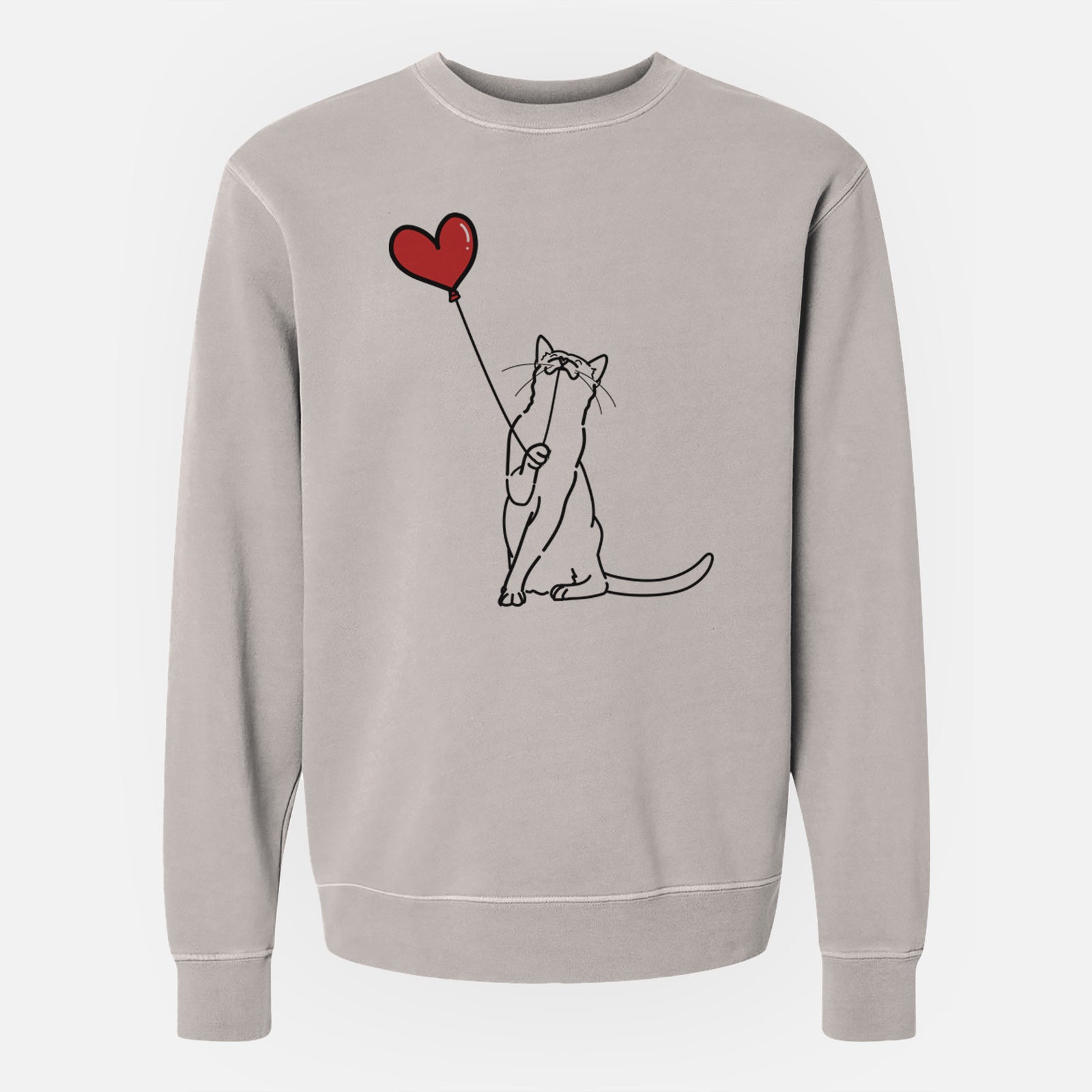 Minimalist line drawing of a Cat Heart String holding a heart balloon on a Cement Unisex pigment dyed crew sweatshirt