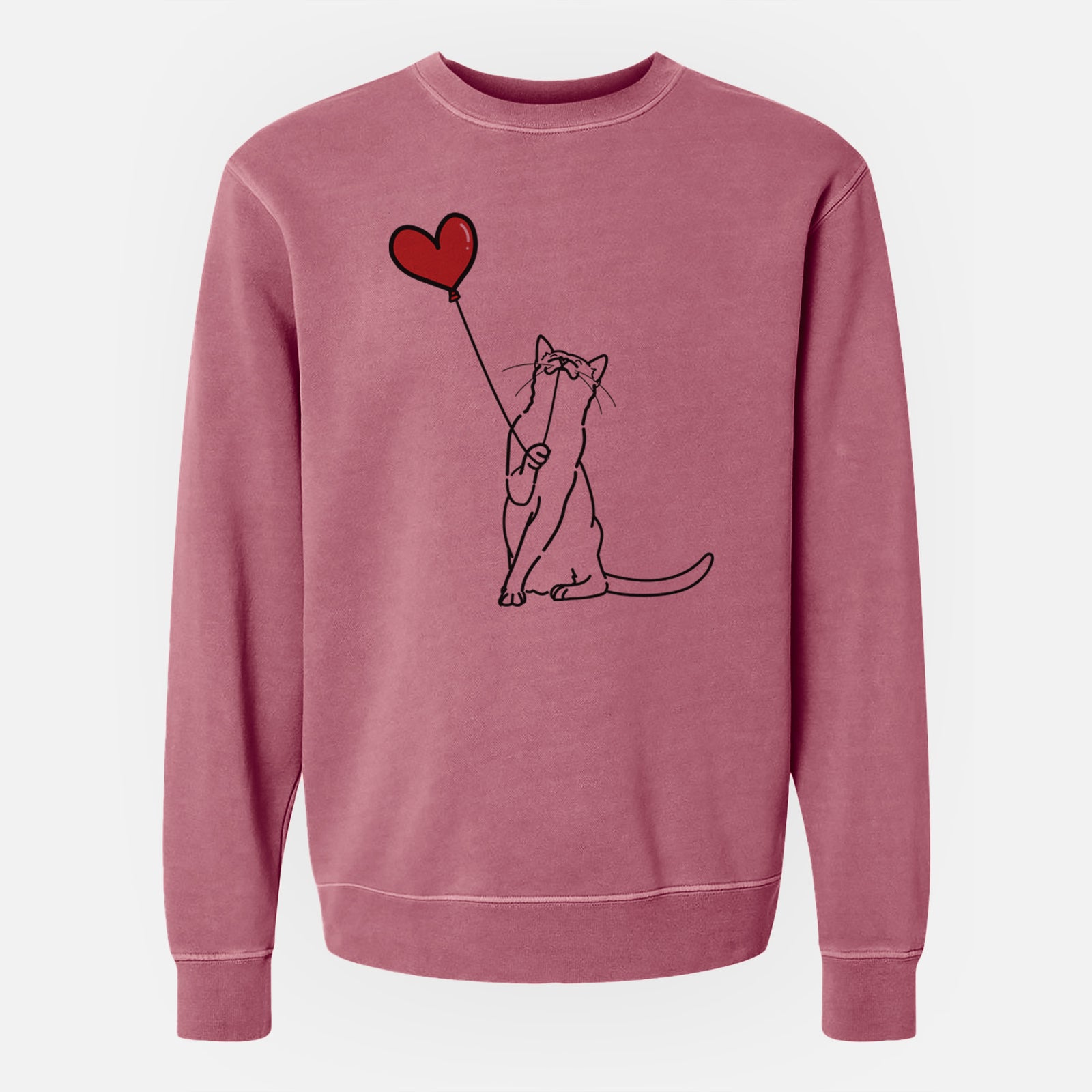 Minimalist line drawing of a Cat Heart String holding a heart balloon on a Maroon Unisex pigment dyed crew sweatshirt