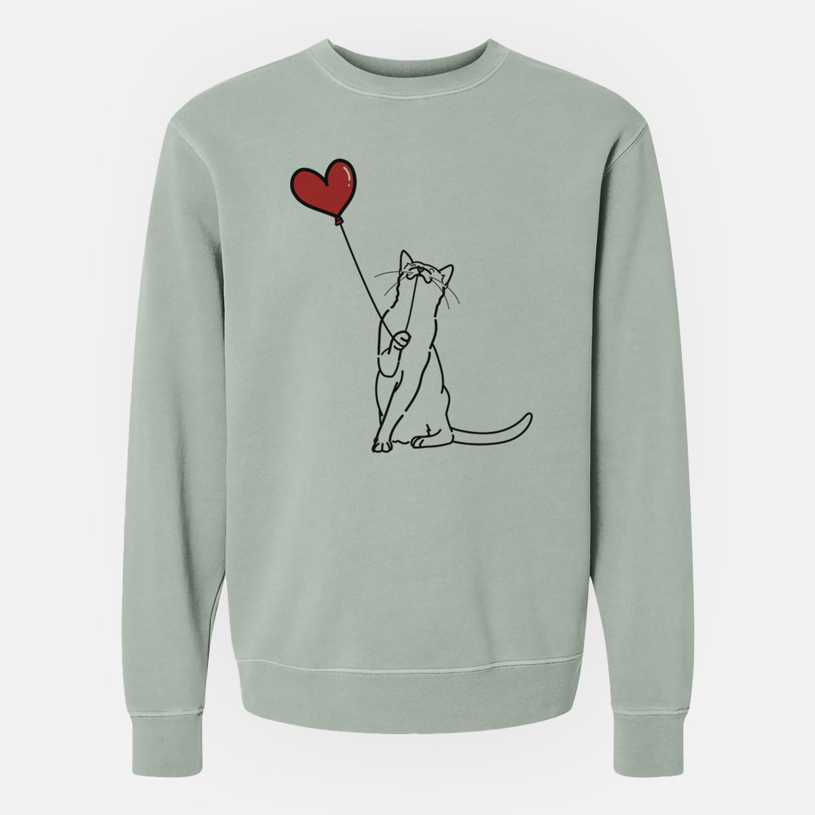 Minimalist line drawing of a Cat Heart String holding a heart balloon on a Sage Unisex pigment dyed crew sweatshirt