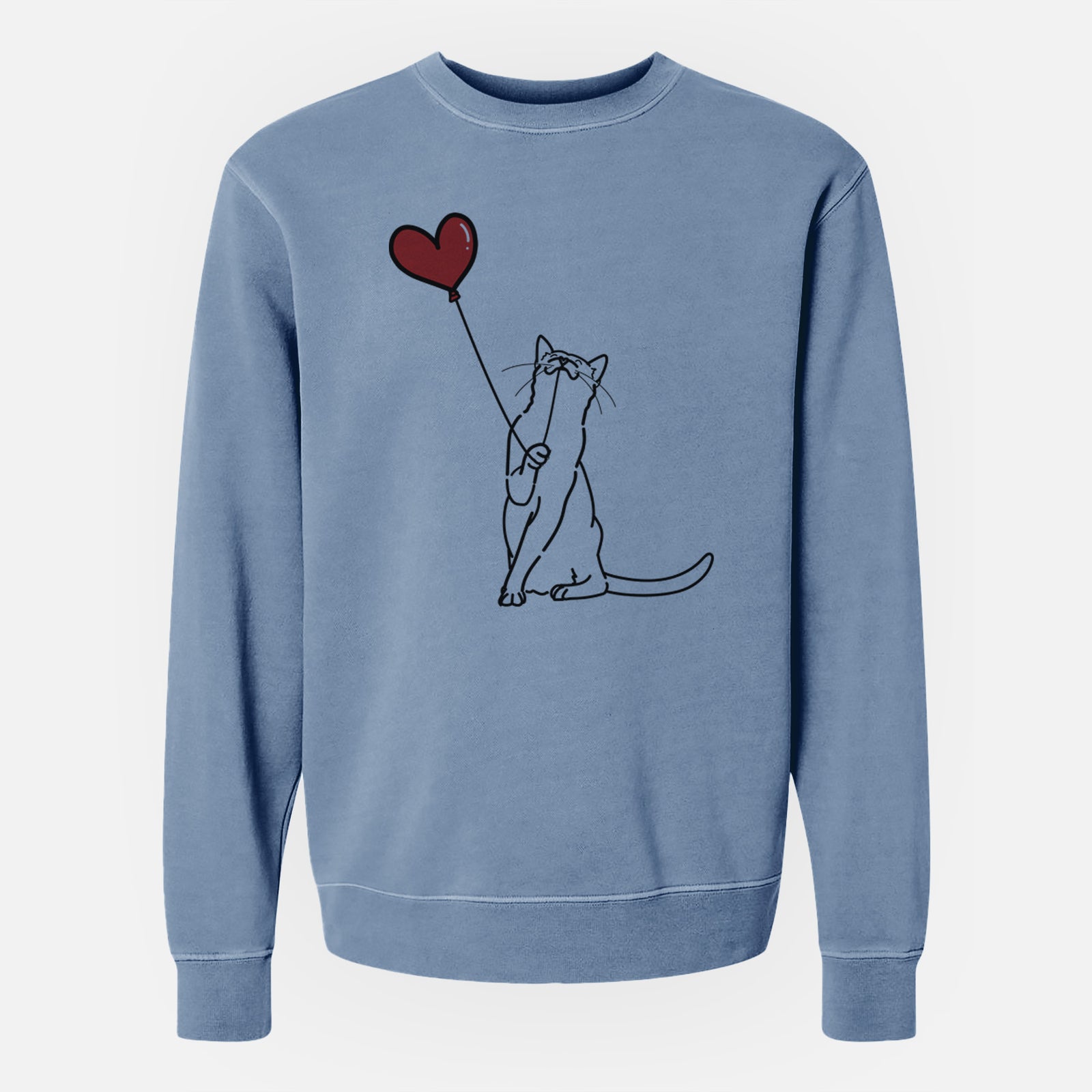 Minimalist line drawing of a Cat Heart String holding a heart balloon on a Slate Blue Unisex pigment dyed crew sweatshirt