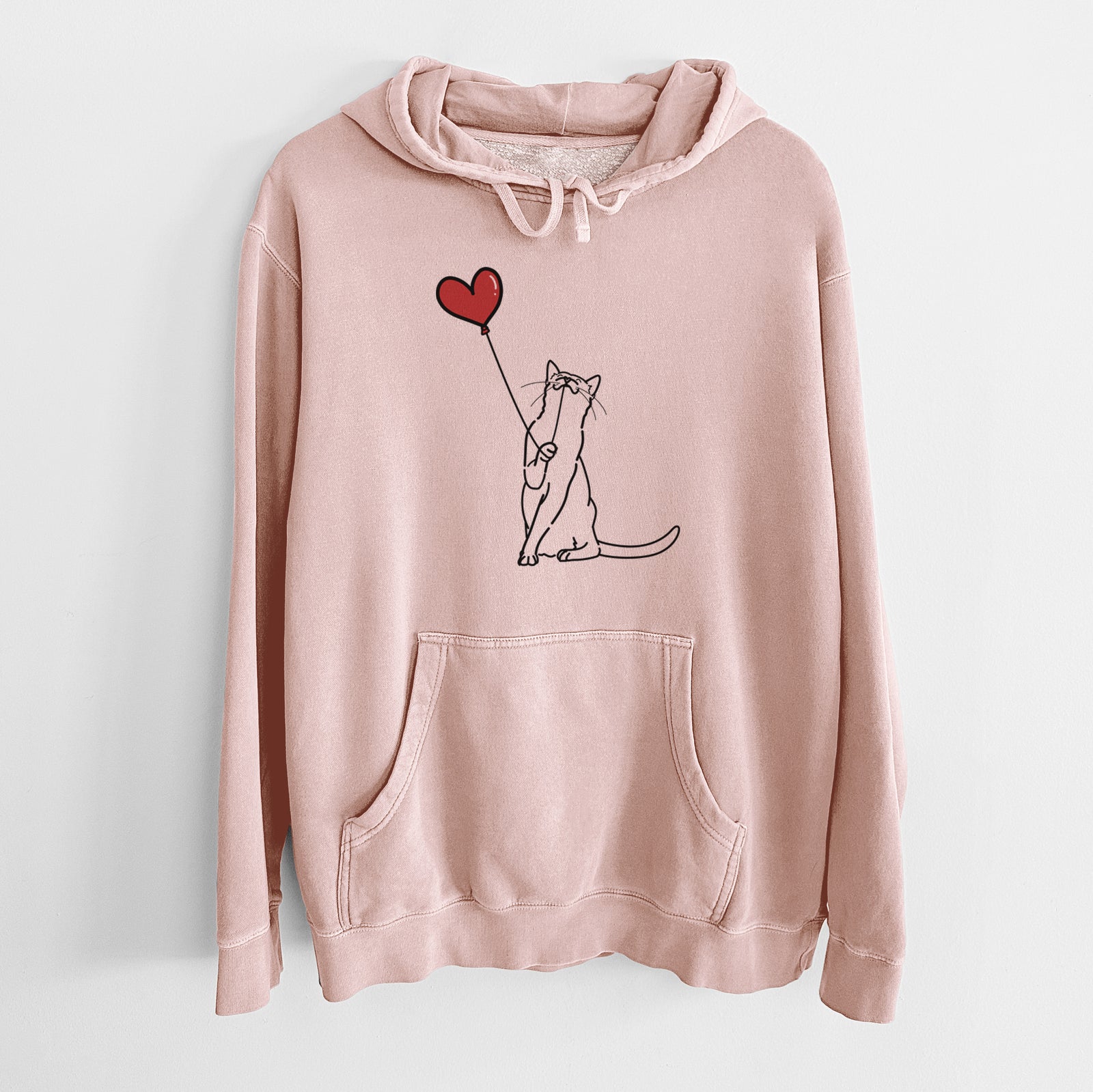 Minimalist line drawing of a Cat Heart String holding a heart balloon on a Dusty Pink Unisex pigment dyed hoodie